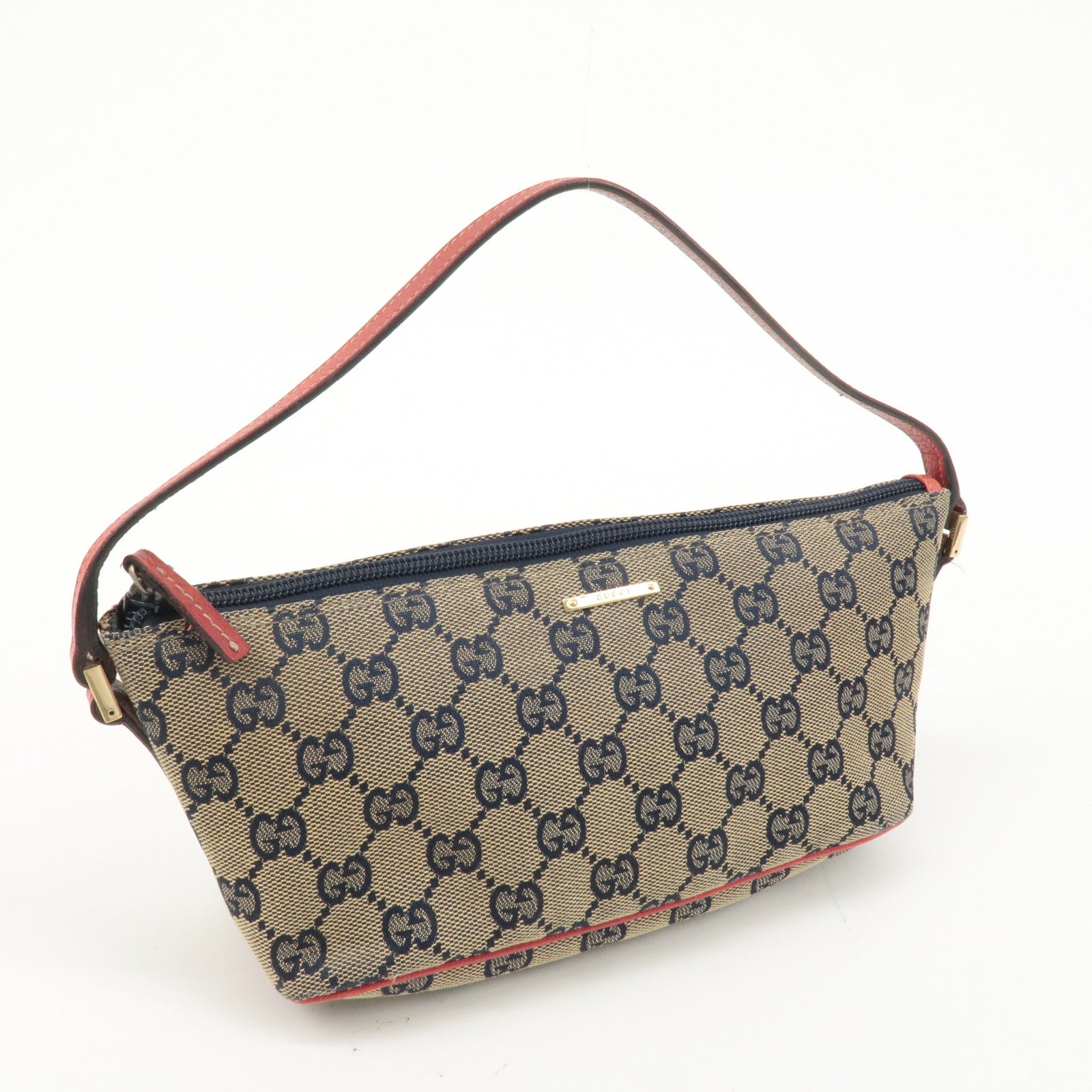 GUCCI Boat Bag GG Canvas Leather Bag Pouch Beige Navy Red 7198