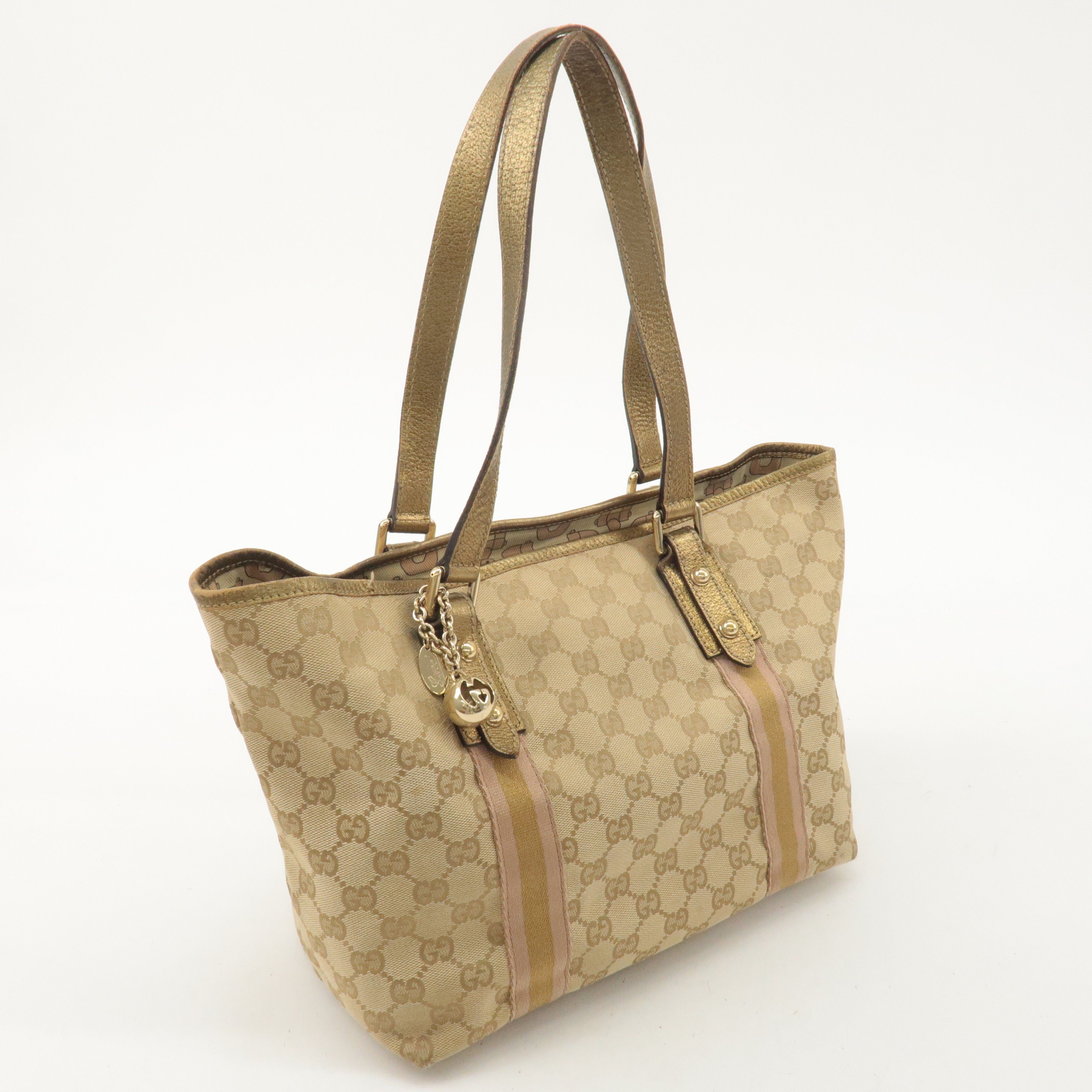 GUCCI GG Canvas Leather Shoulder Tote Bag Beige Gold 137396