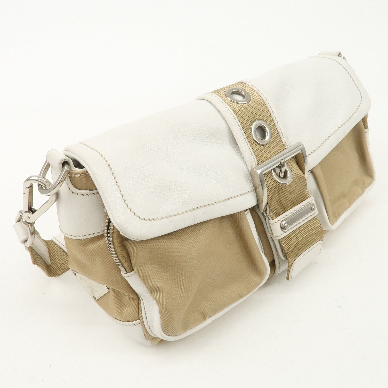 PRADA Nylon Leather Shoulder Bag Cross Body Bag White Beige BR2417 Used