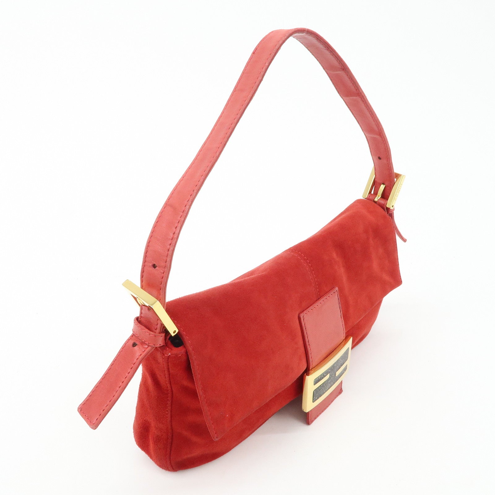 FENDI Mamma Baguette Suede Leather Shoulder Bag Red 26424 Used