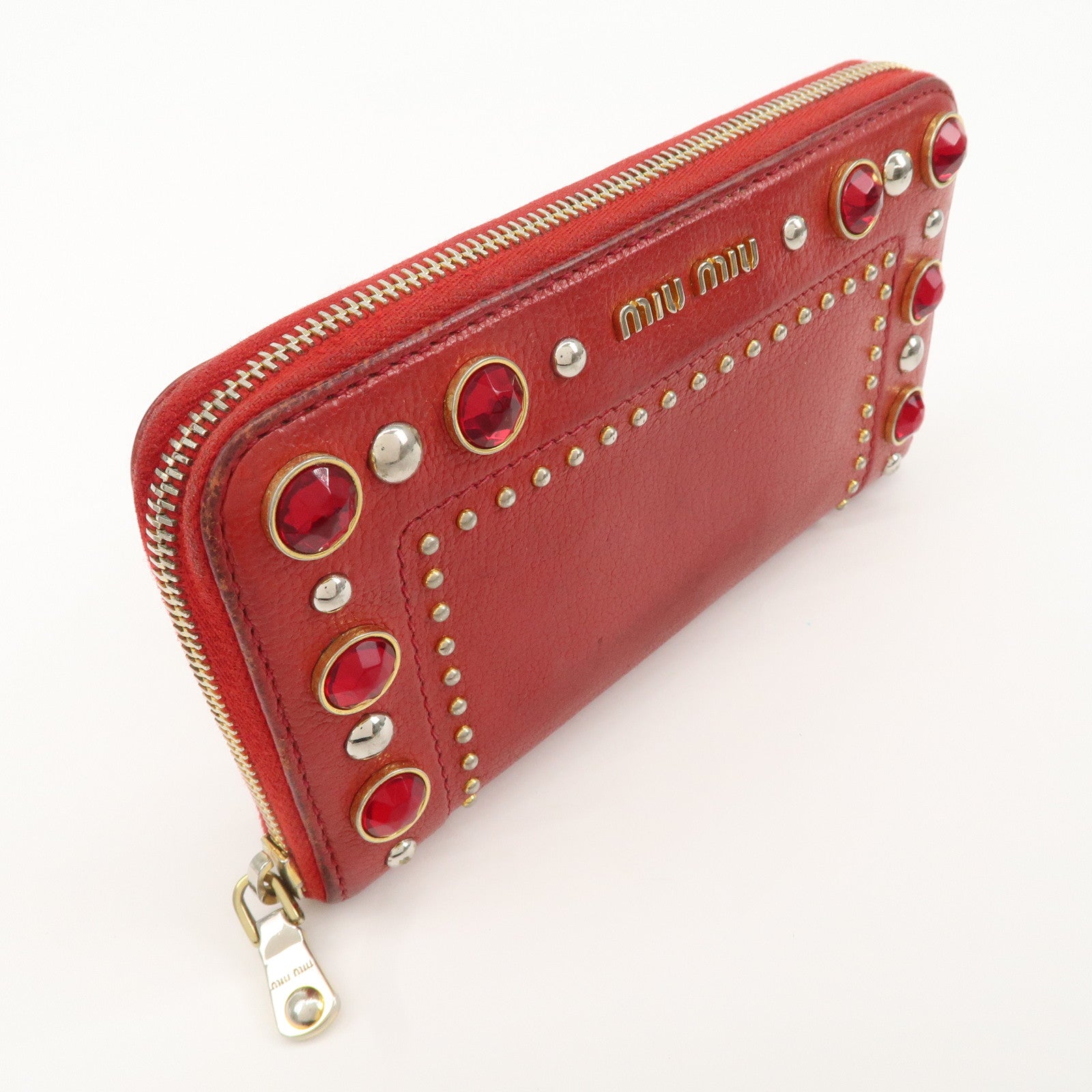 MIU MIU Leather Round Zipper Long Wallet Bijou Studs Red