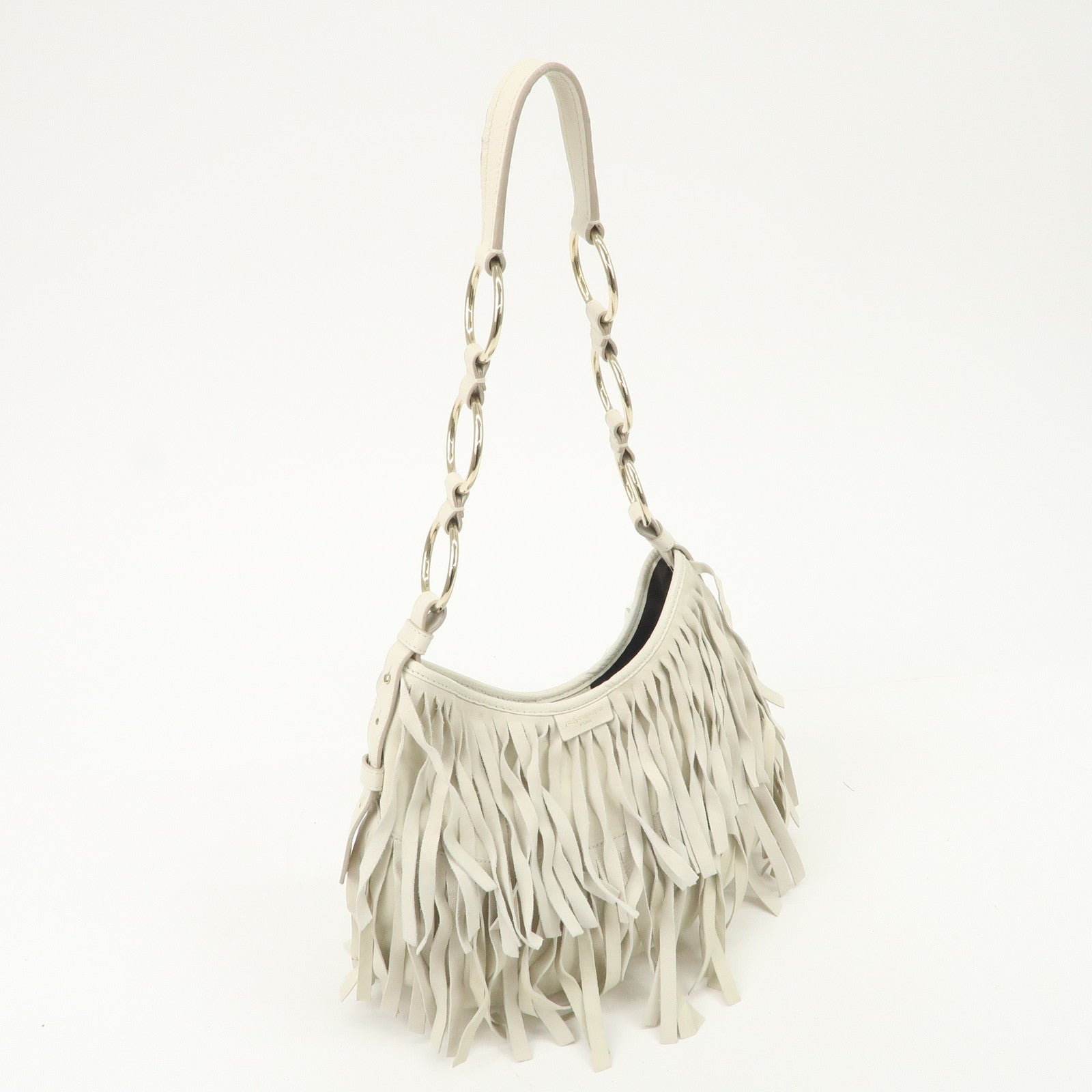 Saint Laurent Paris Suede Leather Fringe Shoulder Bag Ivory 138961 Used