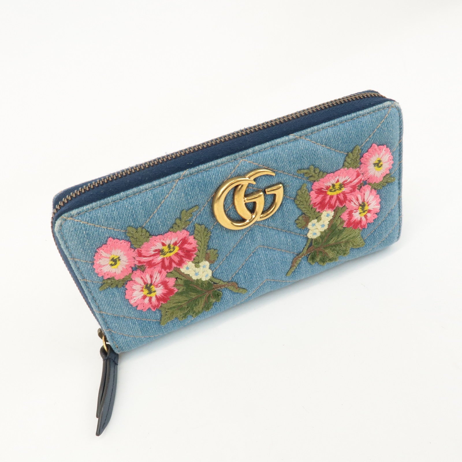 GUCCI GG Marmont Denim Zip Around Wallet Floral Pattern 443123 Used