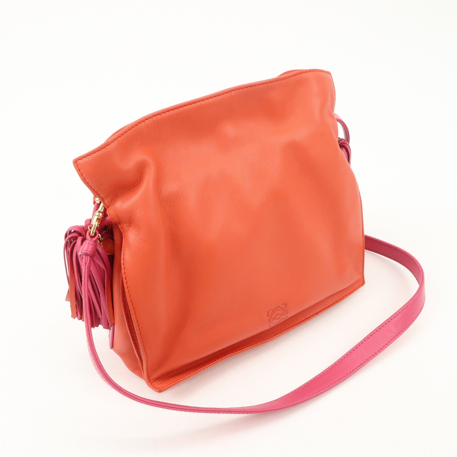 LOEWE Anagram Leather Framenco Shoulder Bag Orange Pink Used