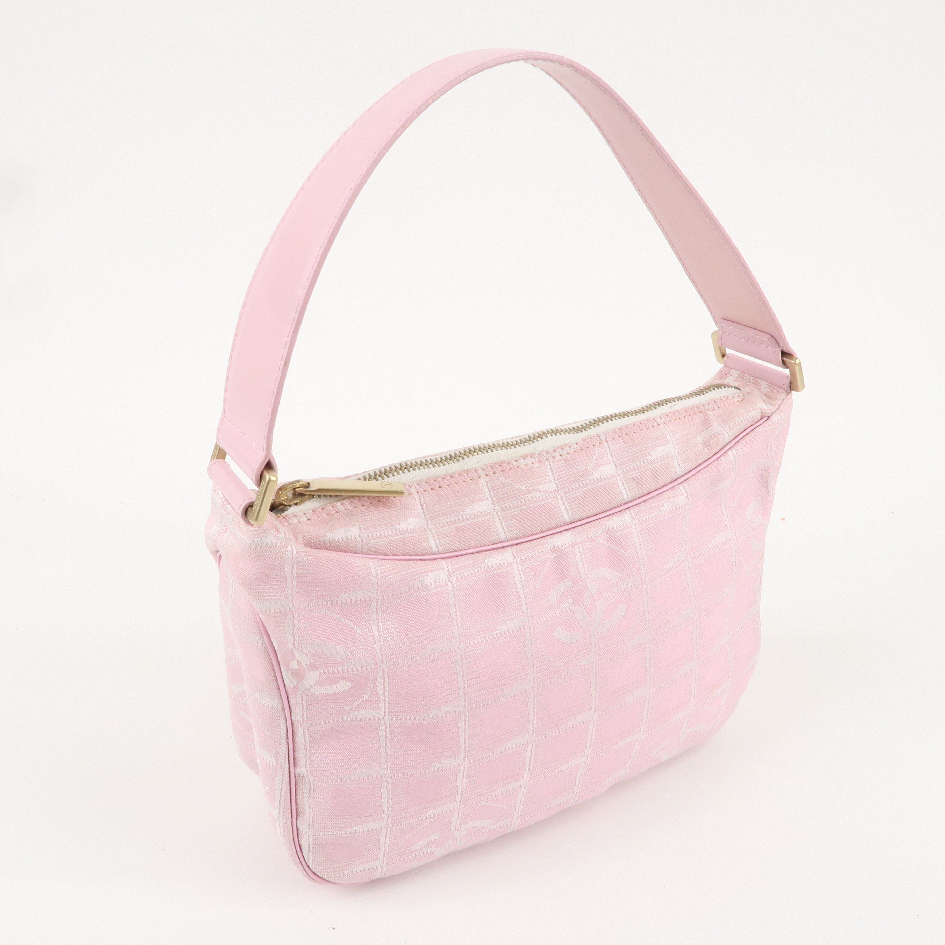 CHANEL New Travel Line Nylon Jacquard Leather Hand Bag Pink A20516