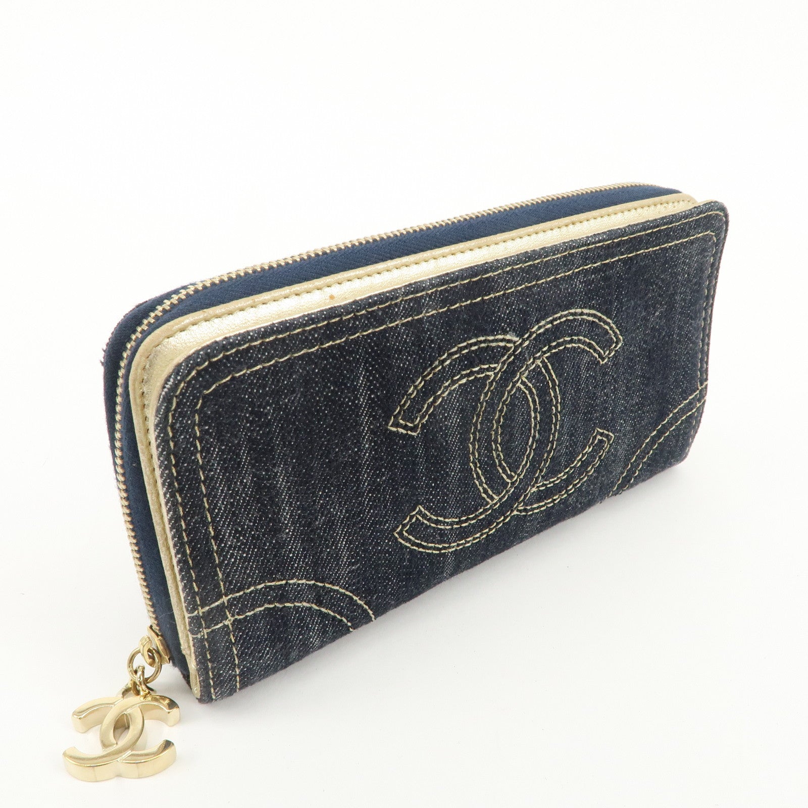 CHANEL Denim Coco Mark Hook Long Wallet  Blue A31900 Used