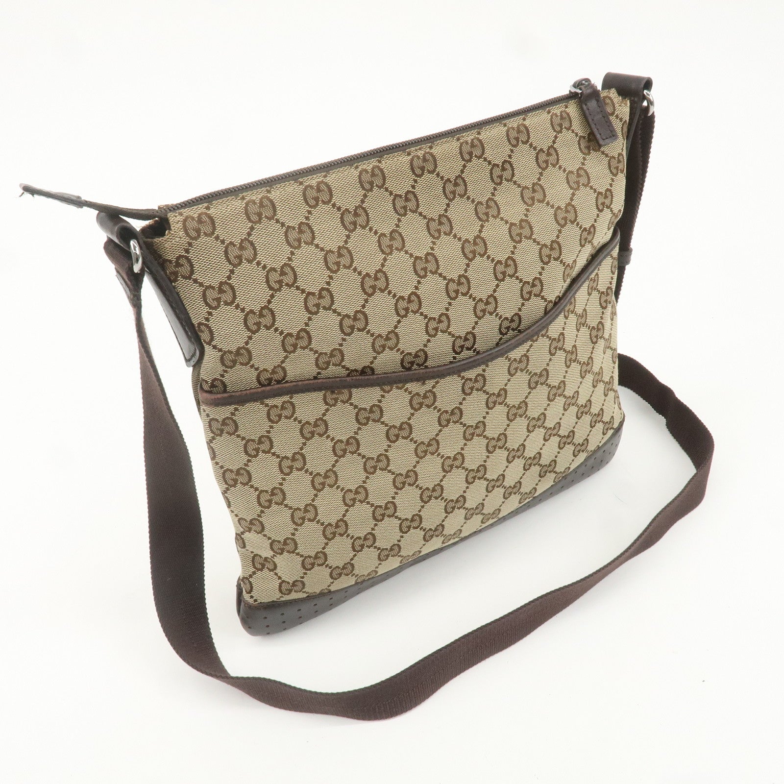 GUCCI GG Canvas Leather Shoulder Bag Crossbody Bag Brown 145857