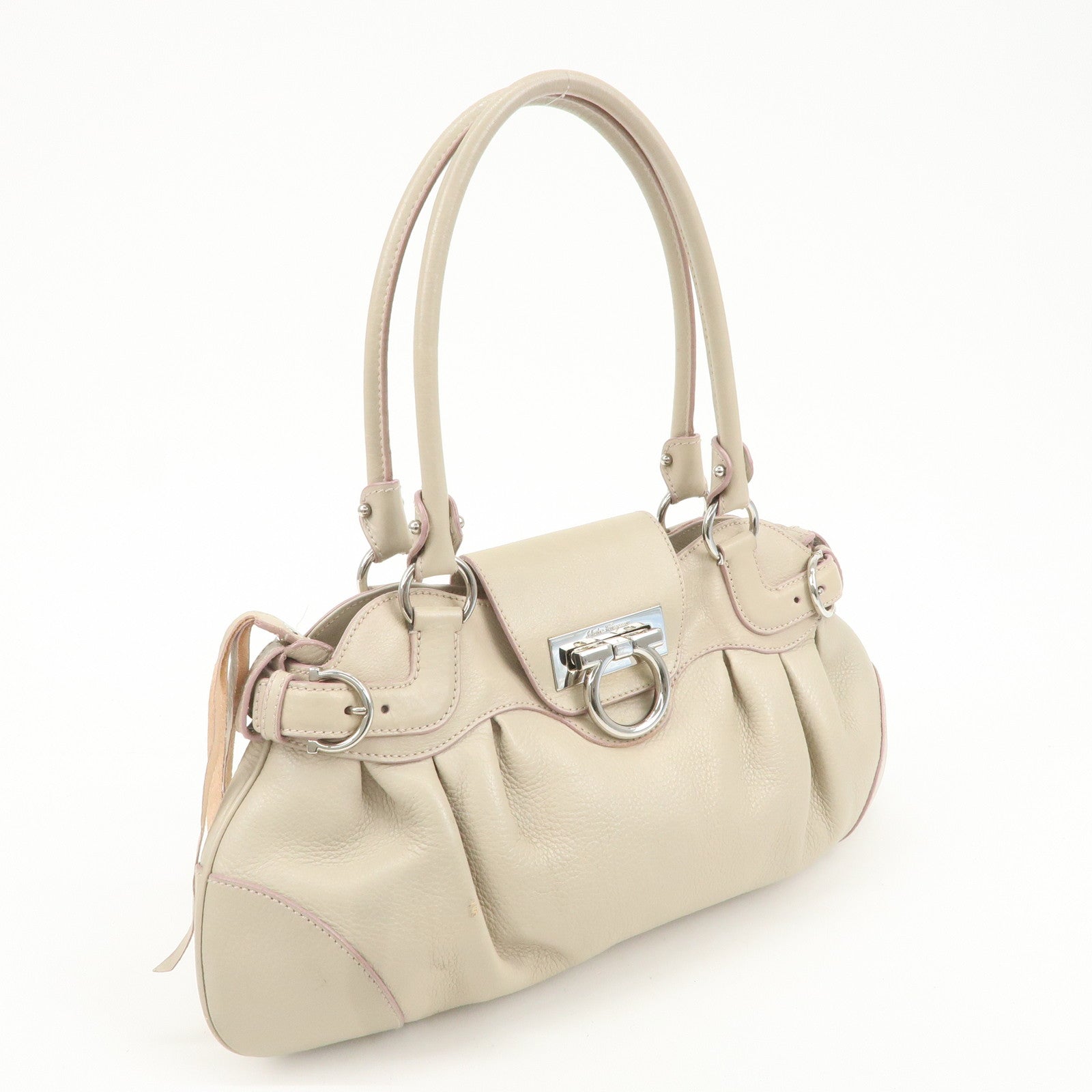 Ferragamo Ganchini Leather Shoulder Bag Beige Used