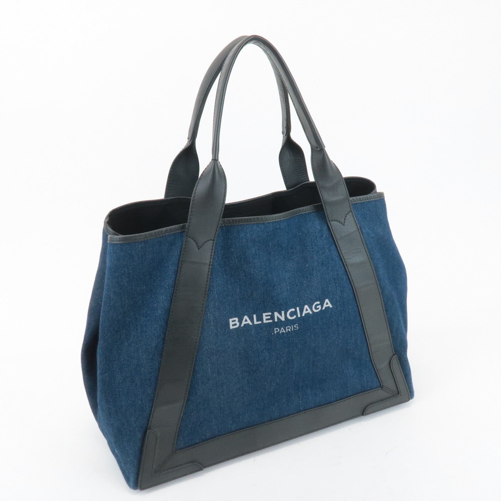 BALENCIAGA Denim Leather Navy Cabas MM Tote Hand Bag Blue 339936