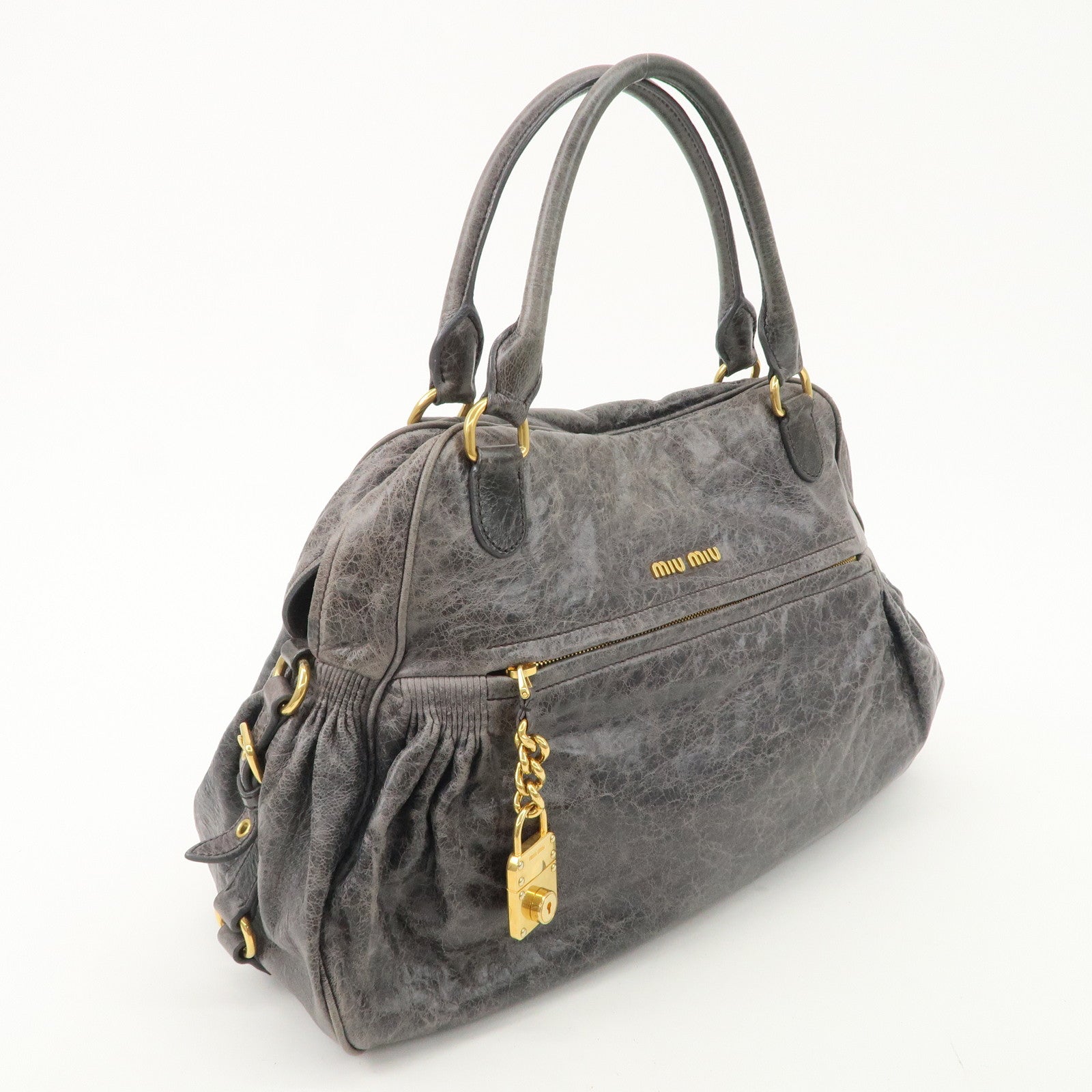 MIU MIU Leather Hand Bag Shoulder Bag Gray Gold Hardware Used