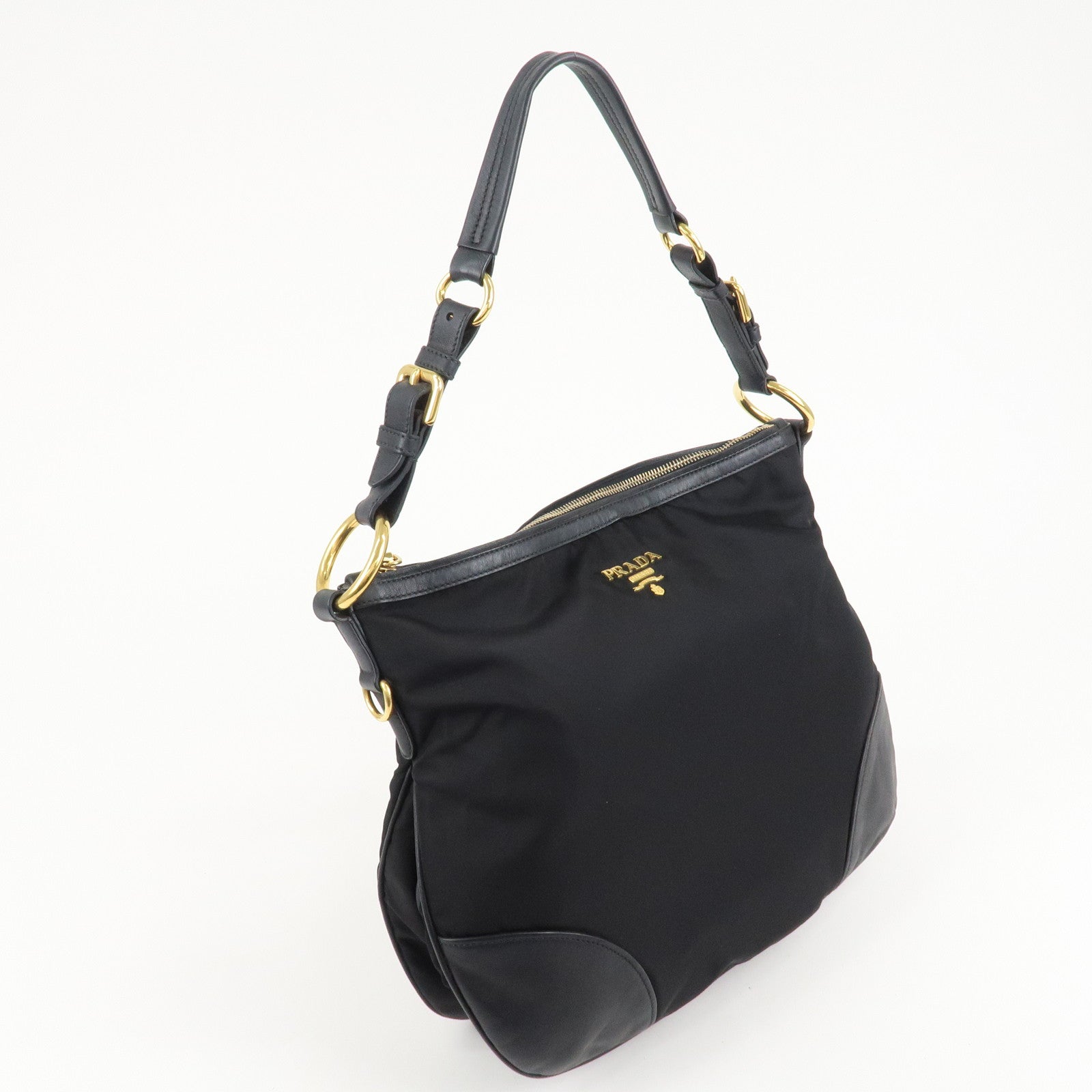 PRADA Nylon Leather Shoulder Bag Black Gold Hardware