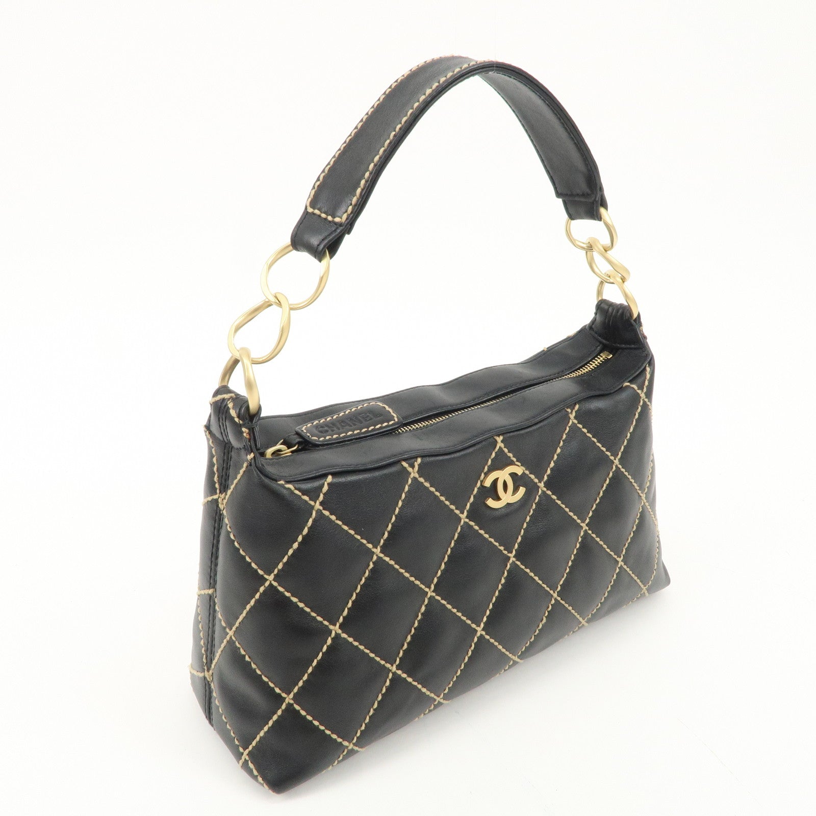 CHANEL Wild Stitch Lamb Skin Shoulder Bag Hand Bag Black A20663 Used