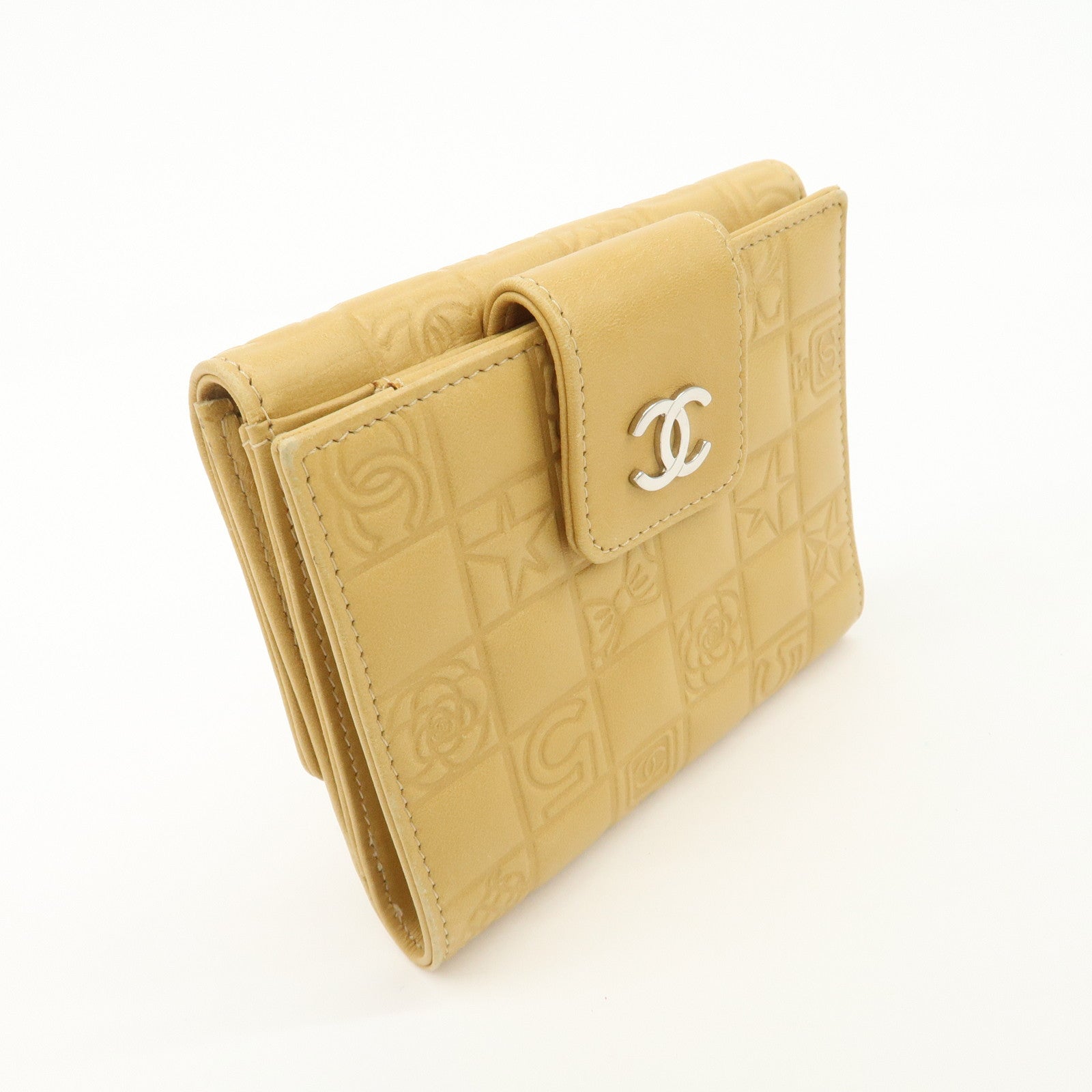 CHANEL Icon Line Lamb Skin W Flap Bi-fold Wallet Beige A24212