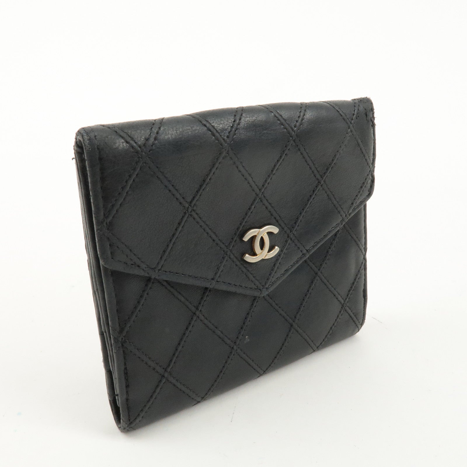 CHANEL Bicolore Lamb Skin Coco Mark Bi-fold Wallet Black