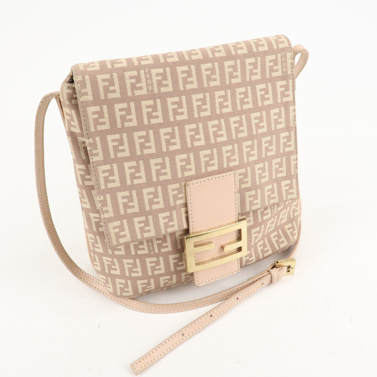 FENDI Zucchino Canvas Leather Shoulder Bag Pink Beige 8BT075 Used