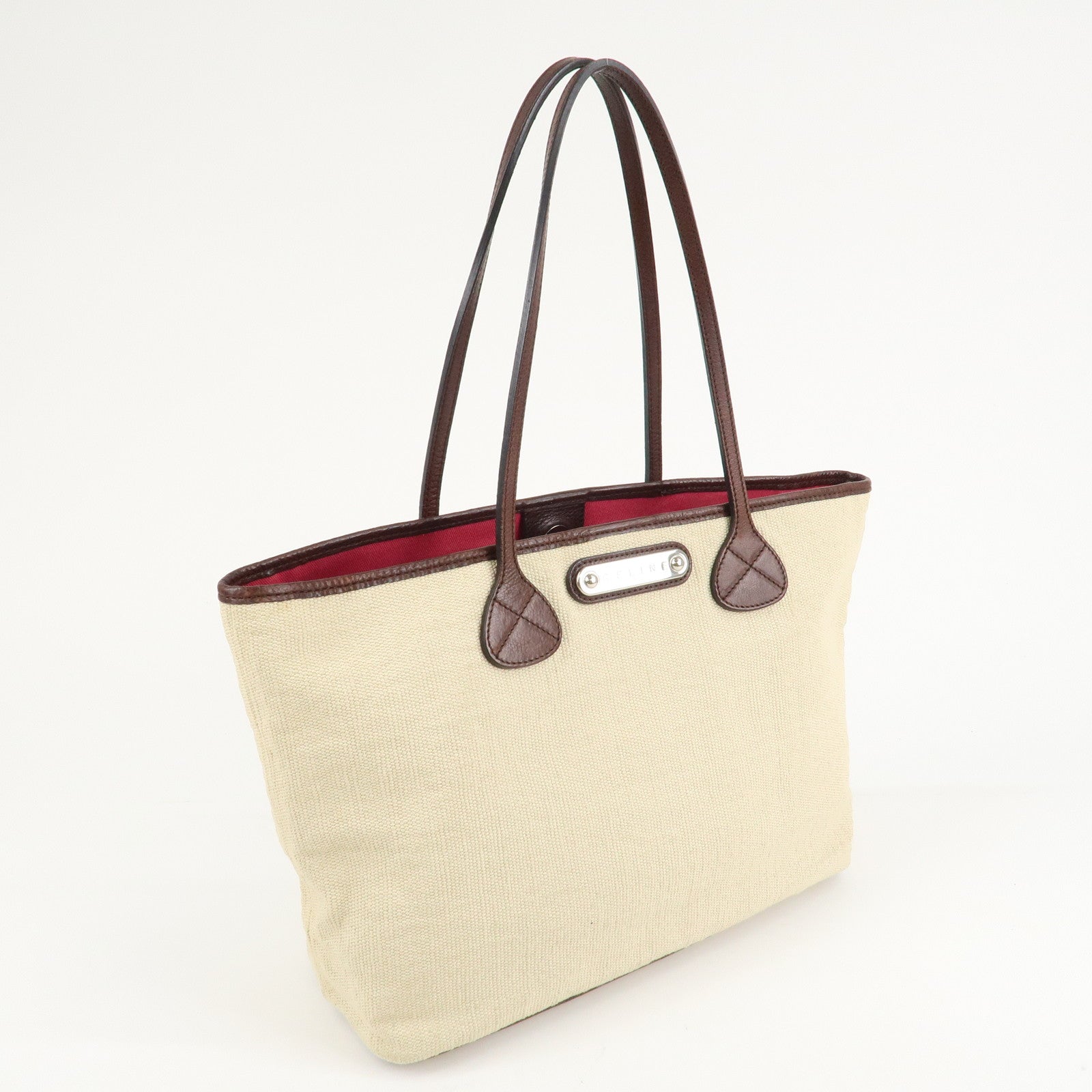 CELINE Canvas Leather Tote Bag Hand Bag Ivory Dark Brown