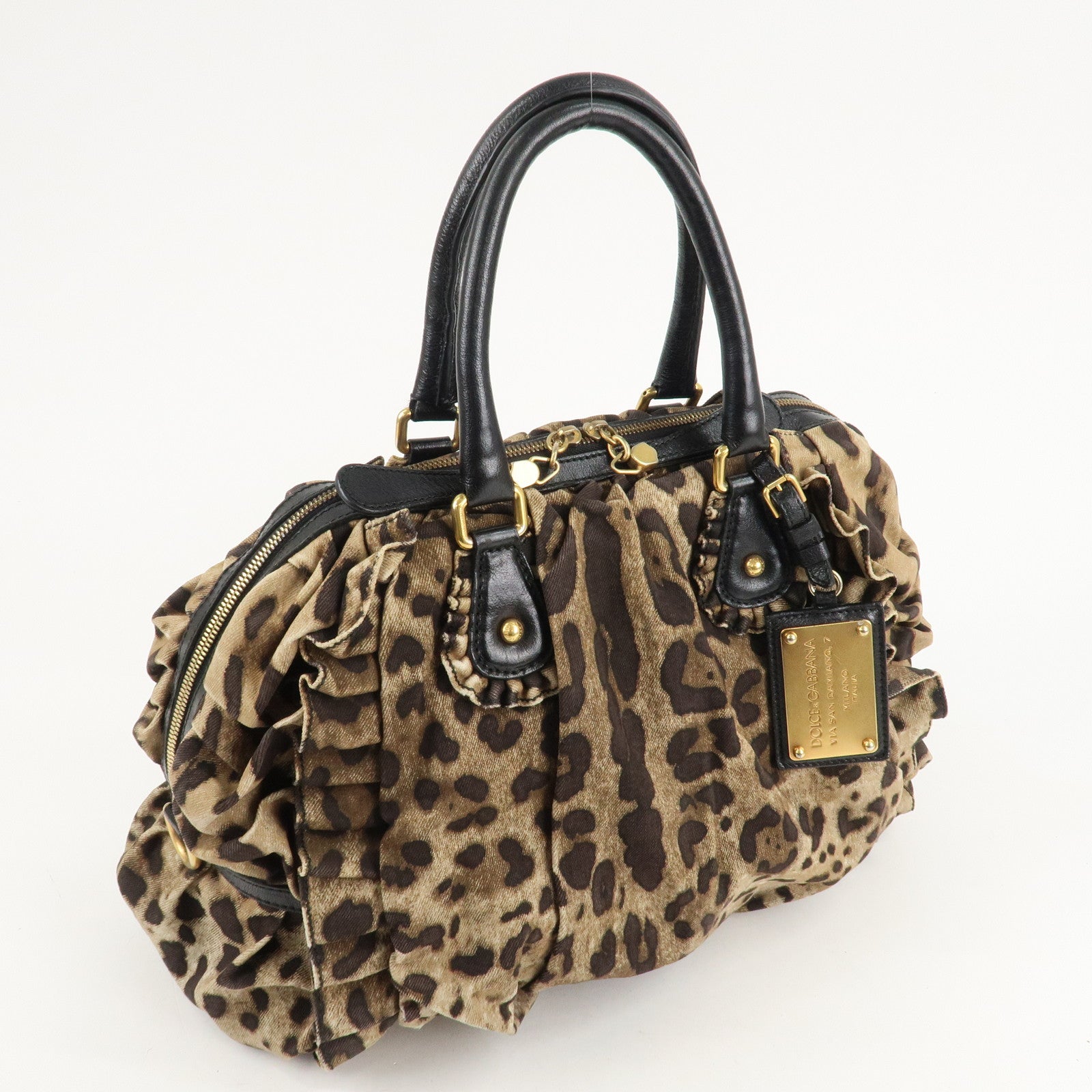 Dolce&Gabbana Canvas Leather Leopard Hand Bag Brown Black Used