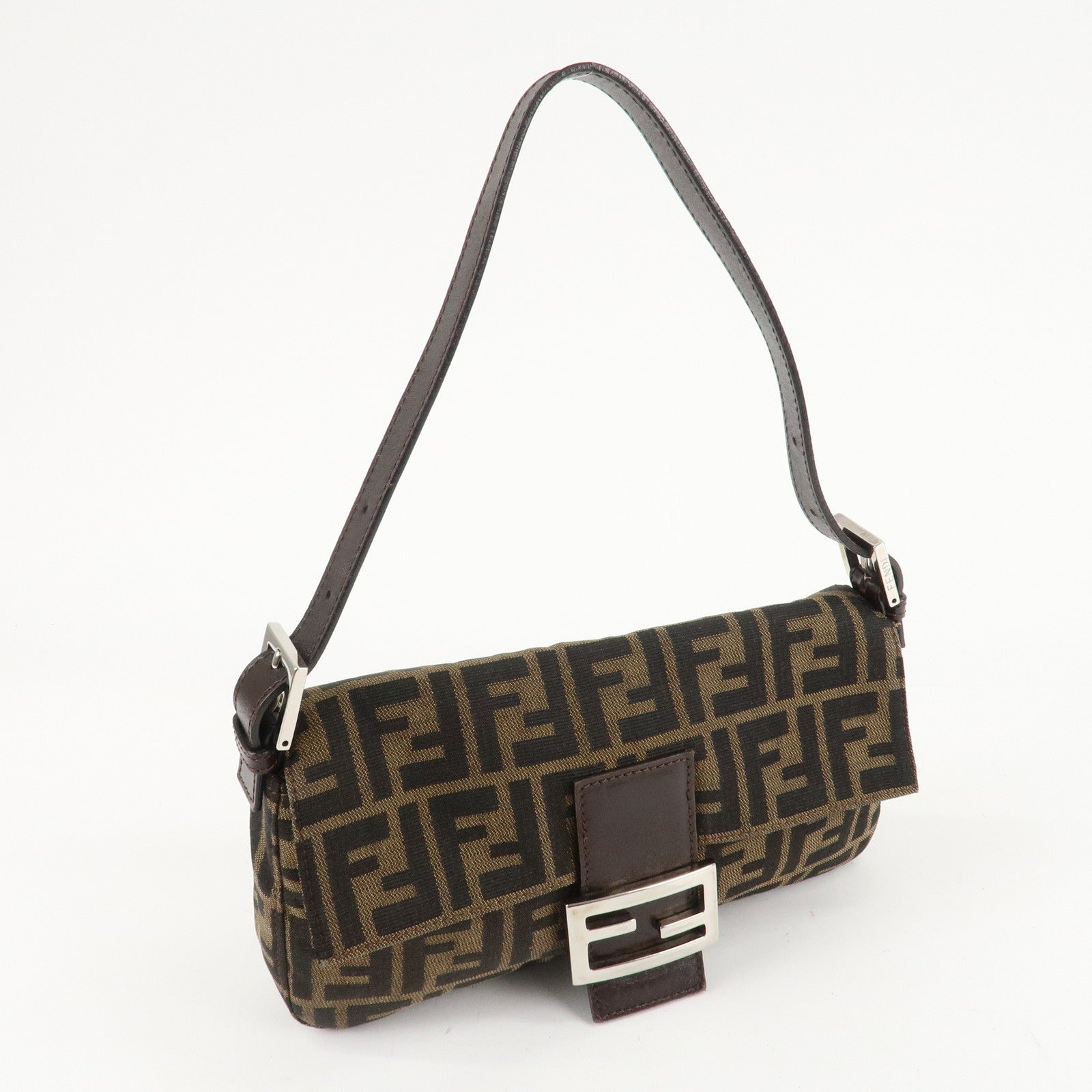 FENDI Mamma Baguette Canvas Shoulder Bag Brown Black 26424