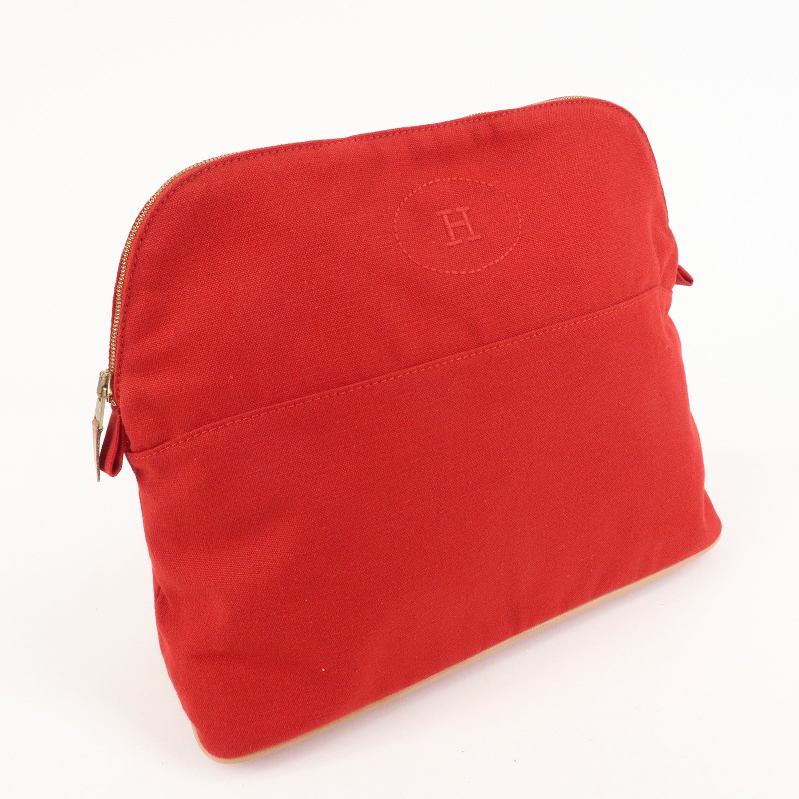 HERMES Canvas Leather Bolide Pouch GM Cosmetic Pouch Red Used