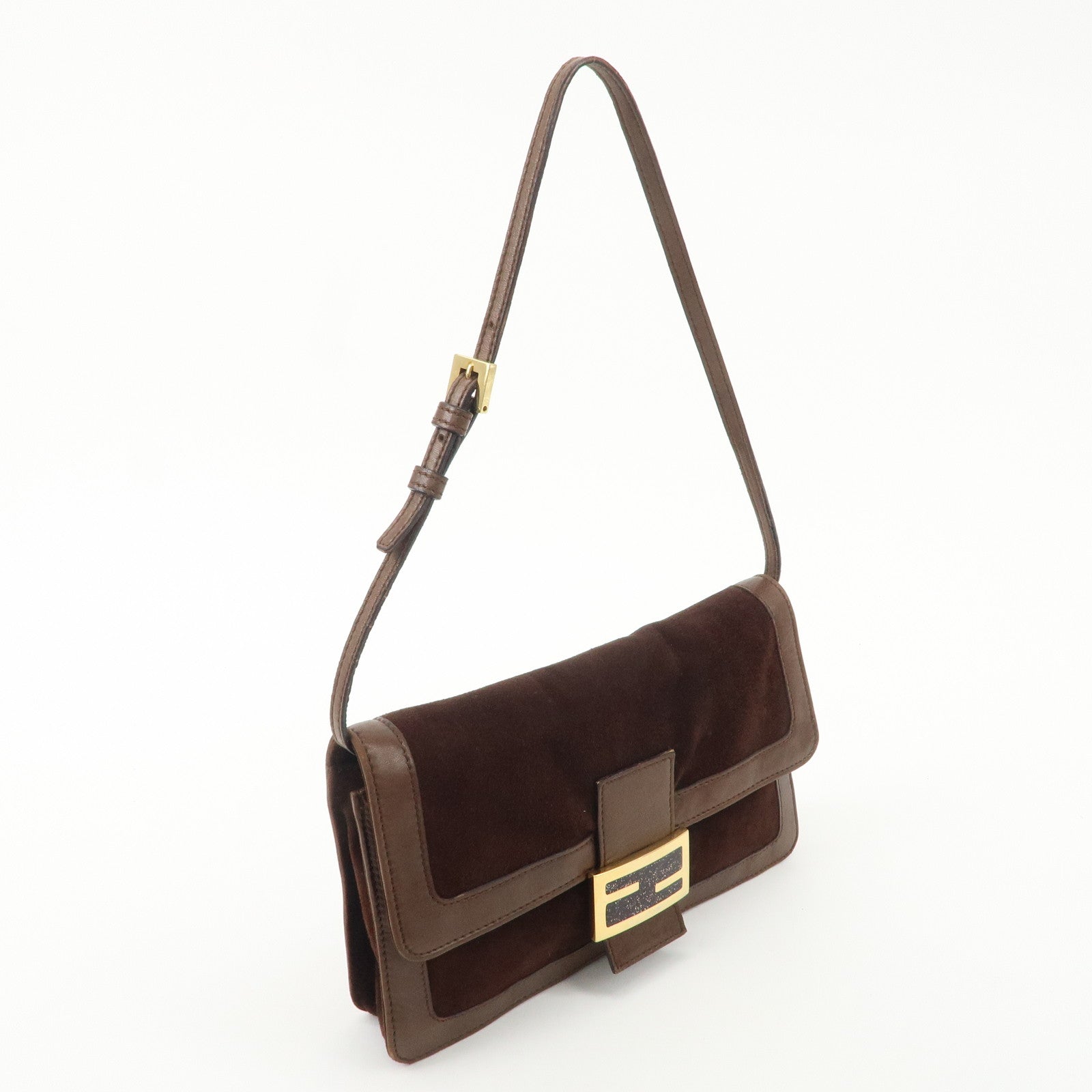 FENDI Suede Leawther Shoulder Bag Hand Bag Brown 16381 Used