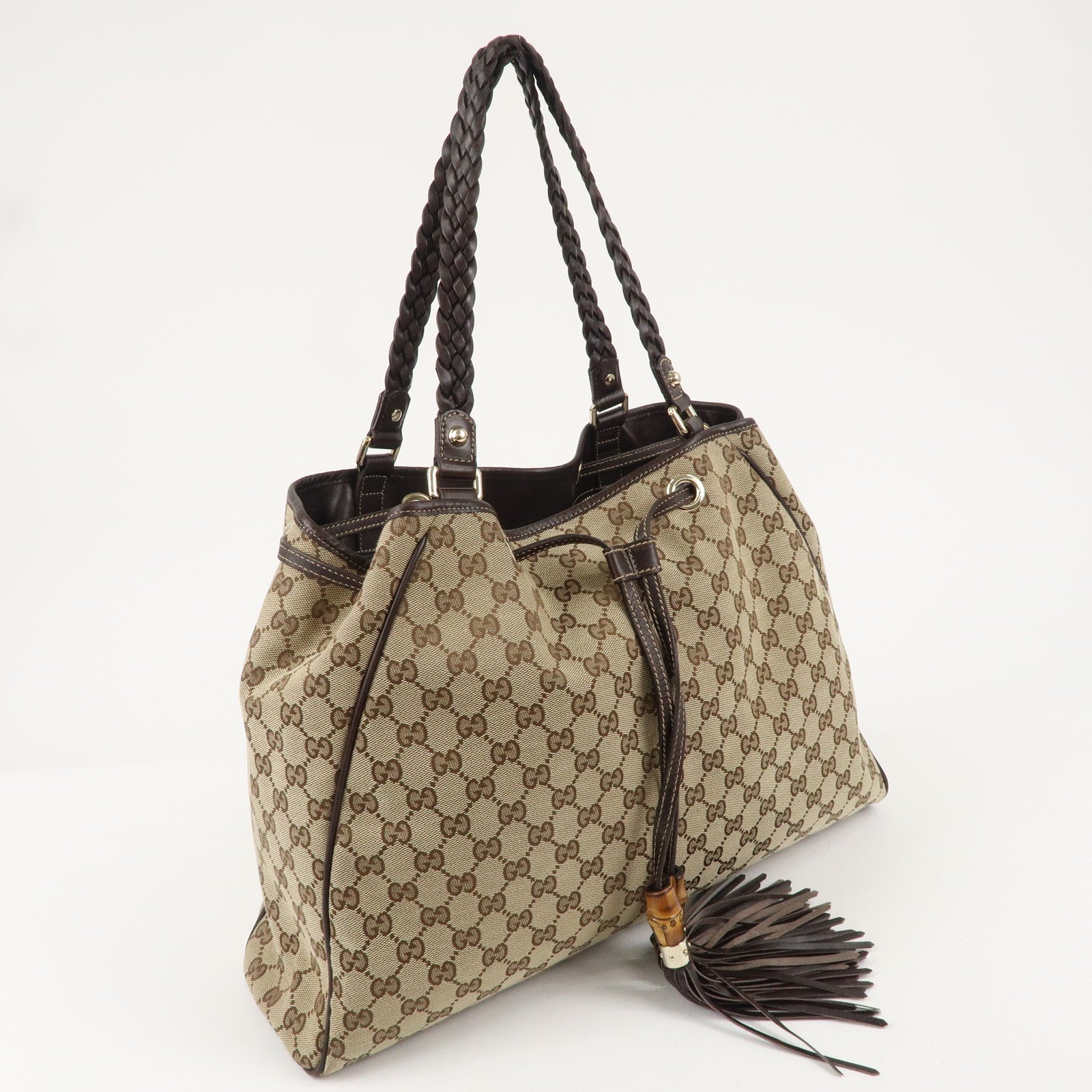 GUCCI Bamboo GG Canvas Leather Tassel Shoulder Bag 170206