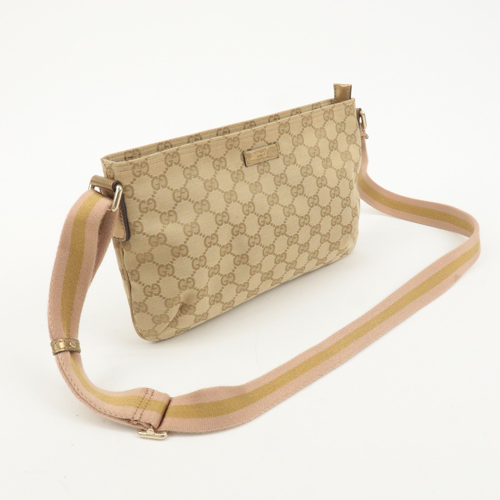 GUCCI GG Canvas Leather Shoulder Bag Purse Beige Gold 189749