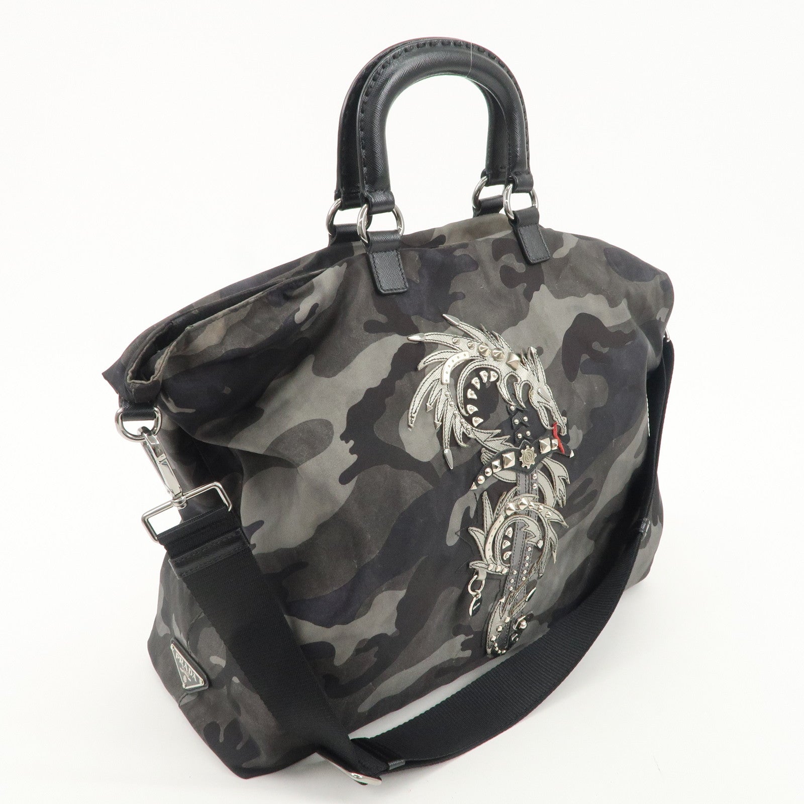 PRADA Logo Nylon Leather 2Way Shoulder Bag Camouflage Dragon VA889