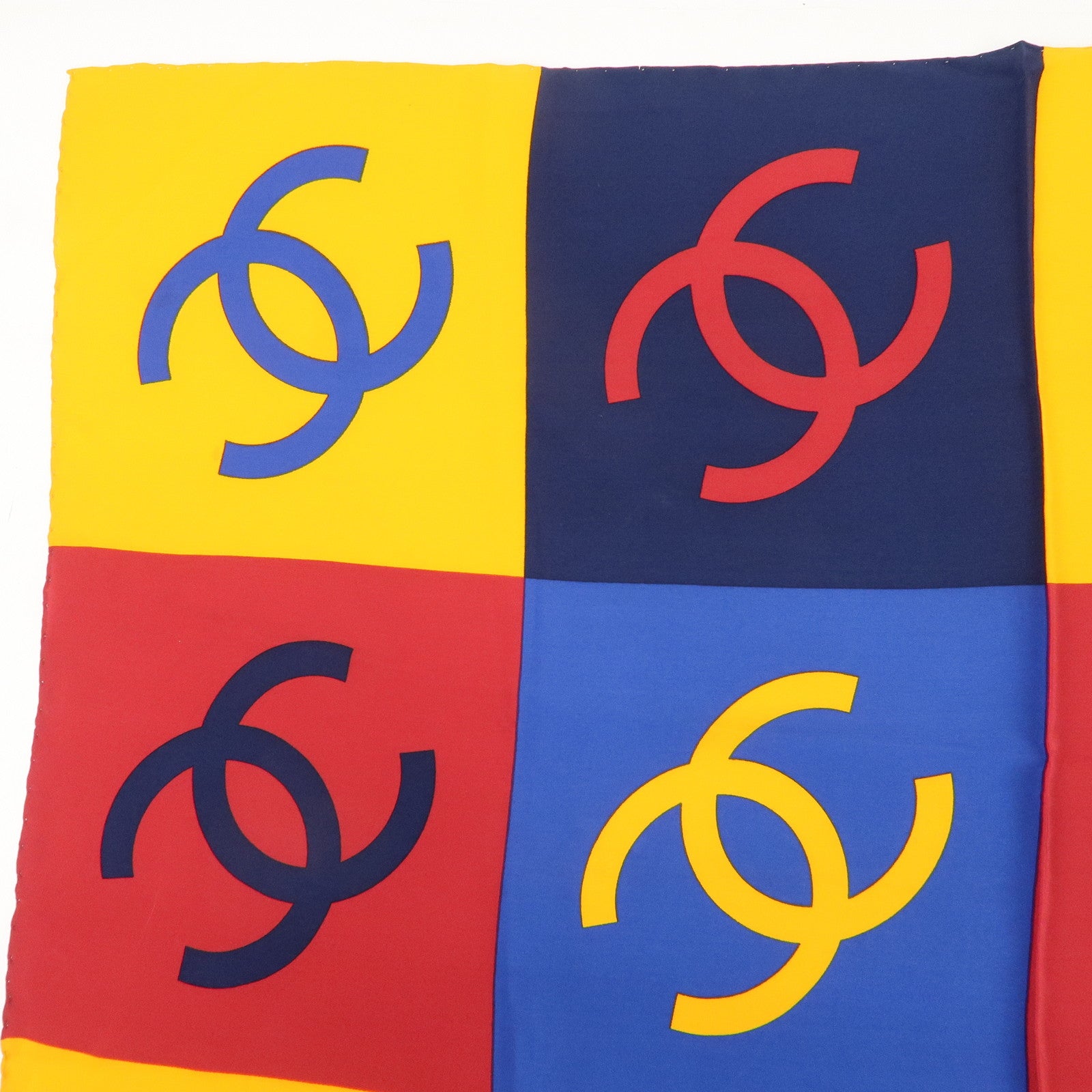 CHANEL 100% Silk Scarf 90×90 Blue Yellow Red