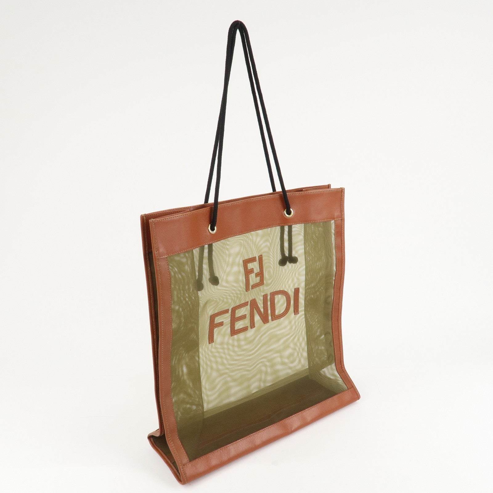 FENDI Mesh Leather Tote Bag Shoulder Bag Khaki Brown 259642