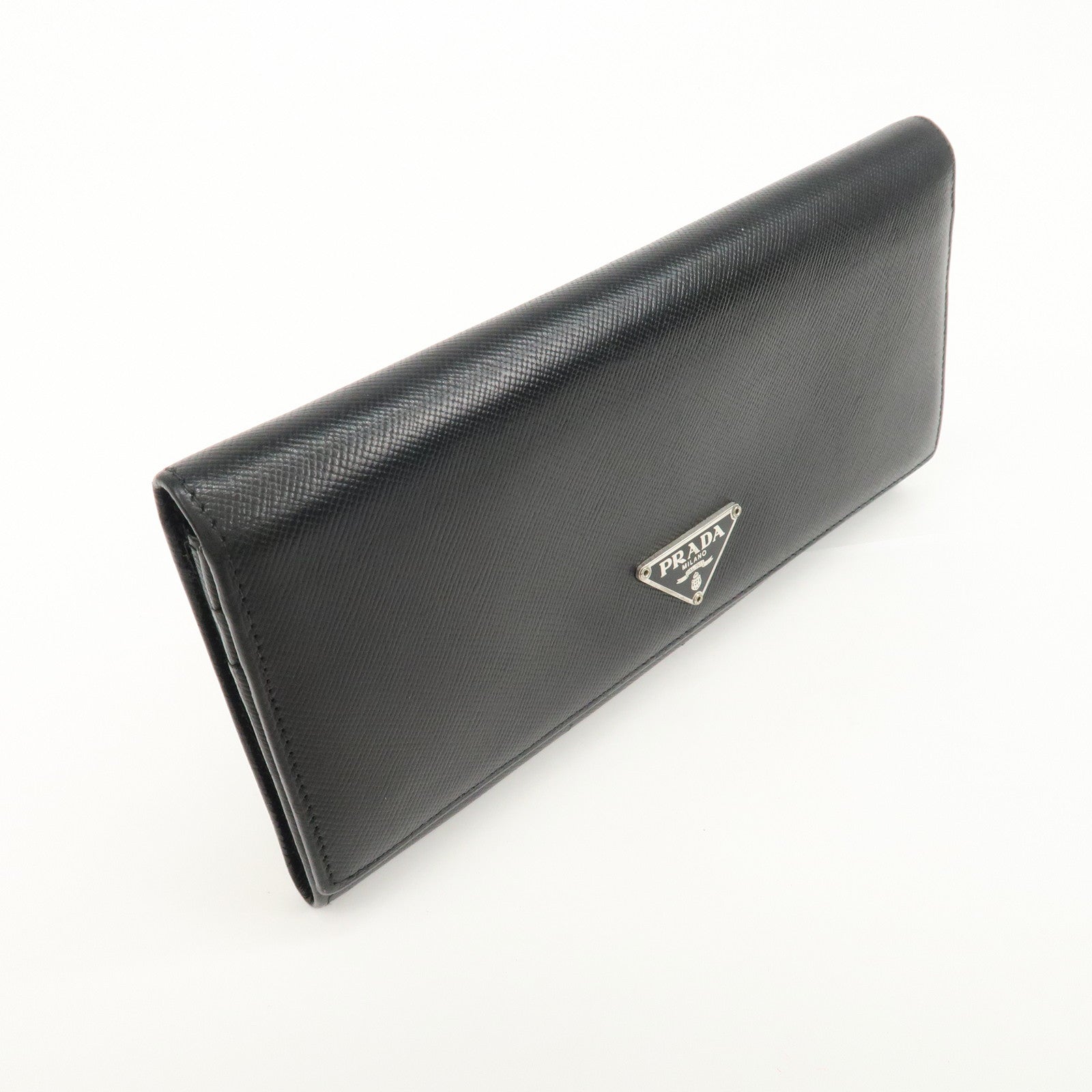 PRADA Leather Bi-fold Long Wallet Black Silver Hardware