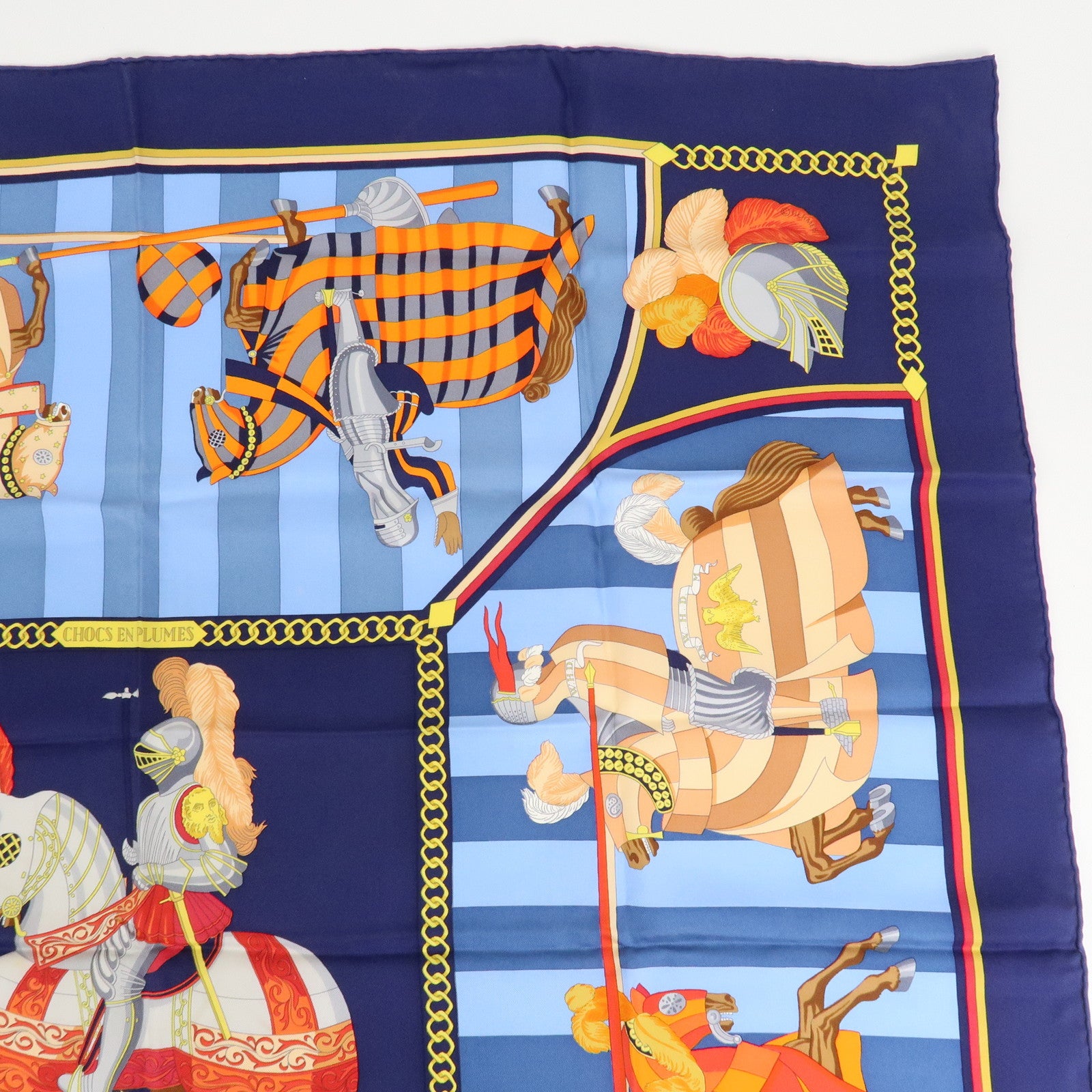 HERMES Carre 90 Silk 100% Scarf CHOCS EN PLUMES Navy Blue Red Used