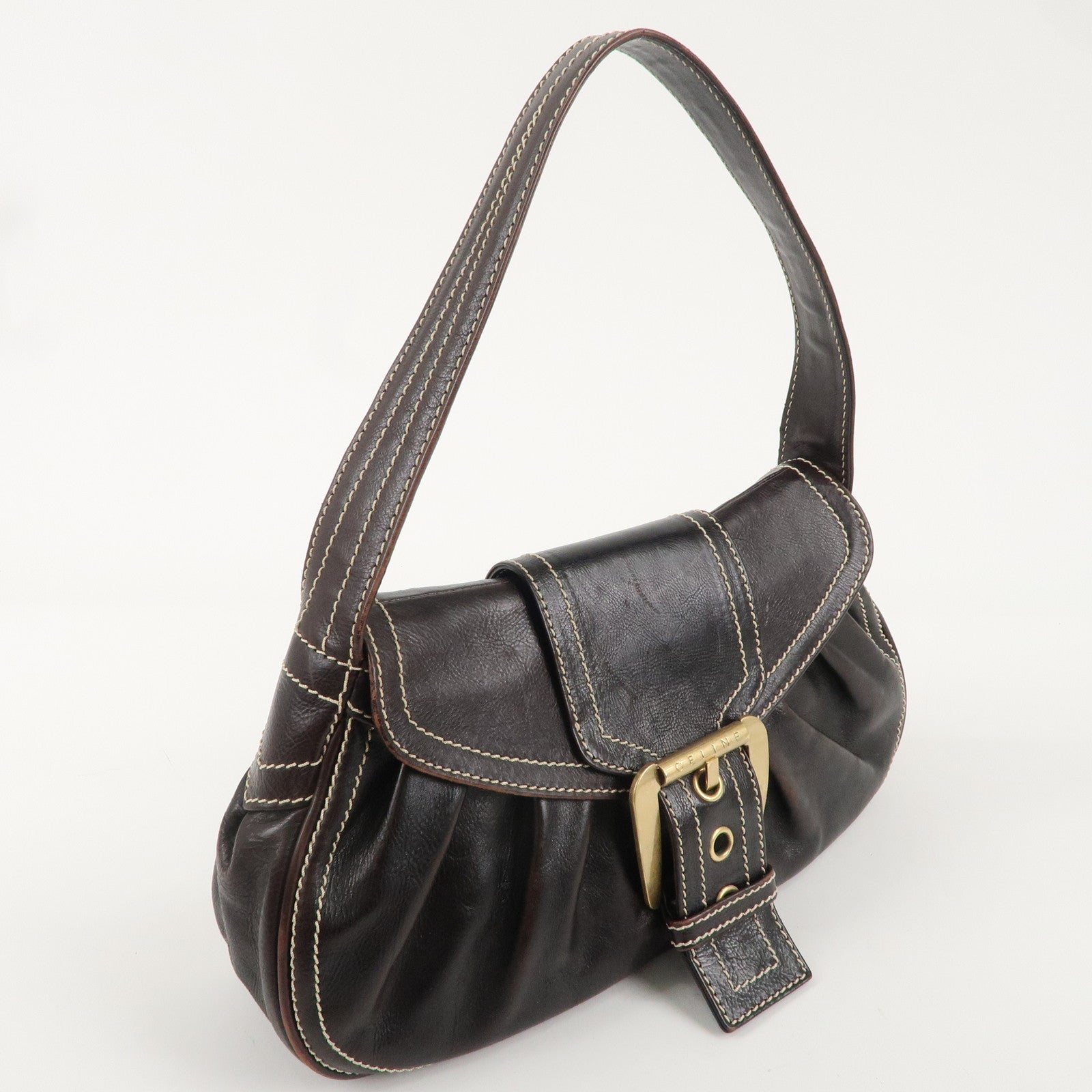 CELINE Leather Shoulder Bag Dark Brown