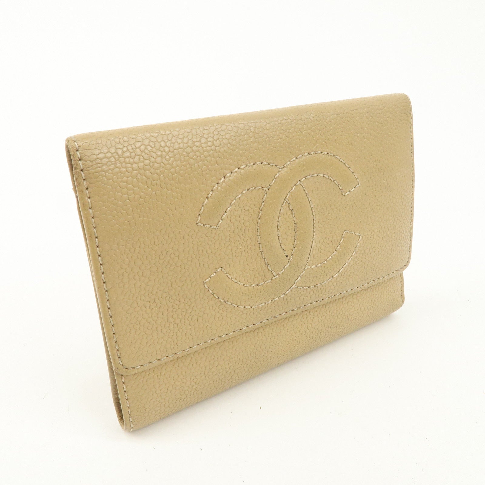 CHANEL Caviar Skin COCO Mark Tri-Fold Wallet Beige Gold