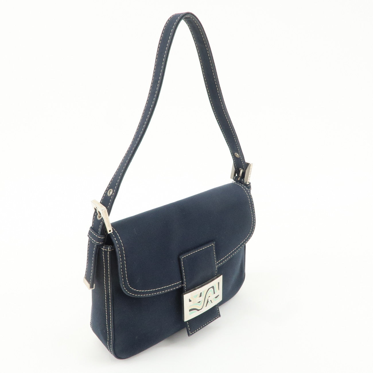 FENDI Logo Canvas Shoulder Bag Hand Bag Navy