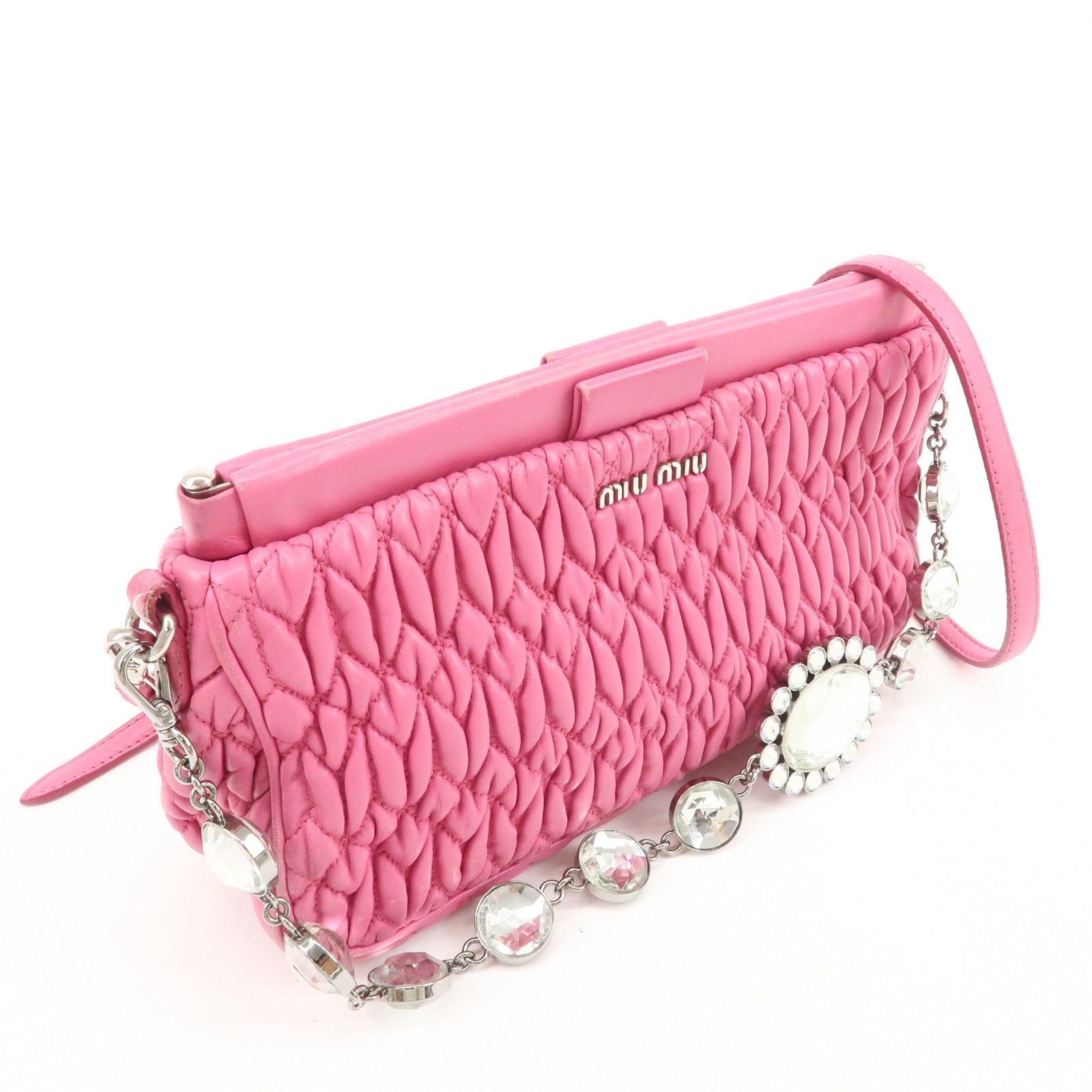 MIU MIU Matelasse Leather Bijou Shoulder Bag Hand Bag Pink