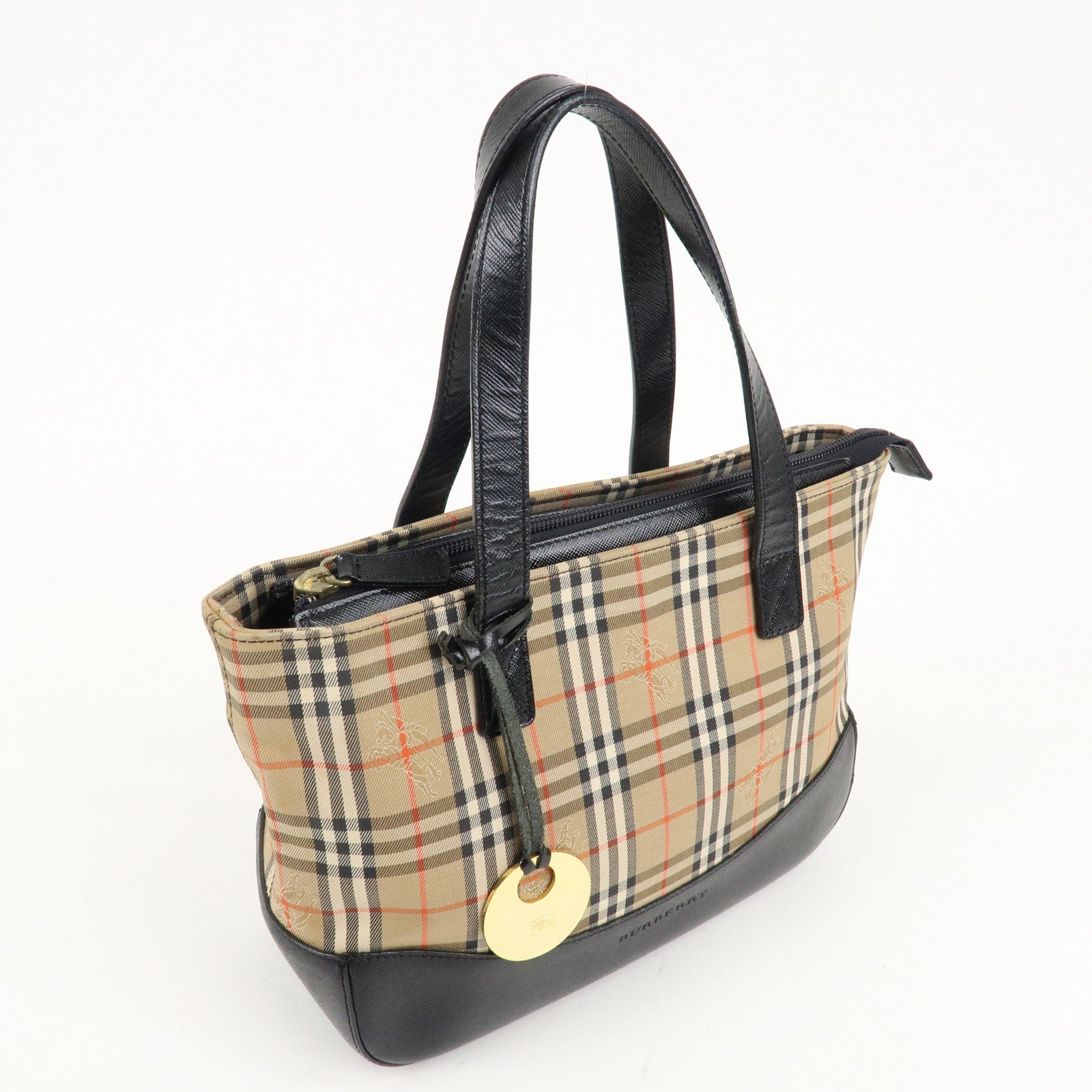 BURBERRY Canvas Leather Nova Plaid Hand Bag Beige Black