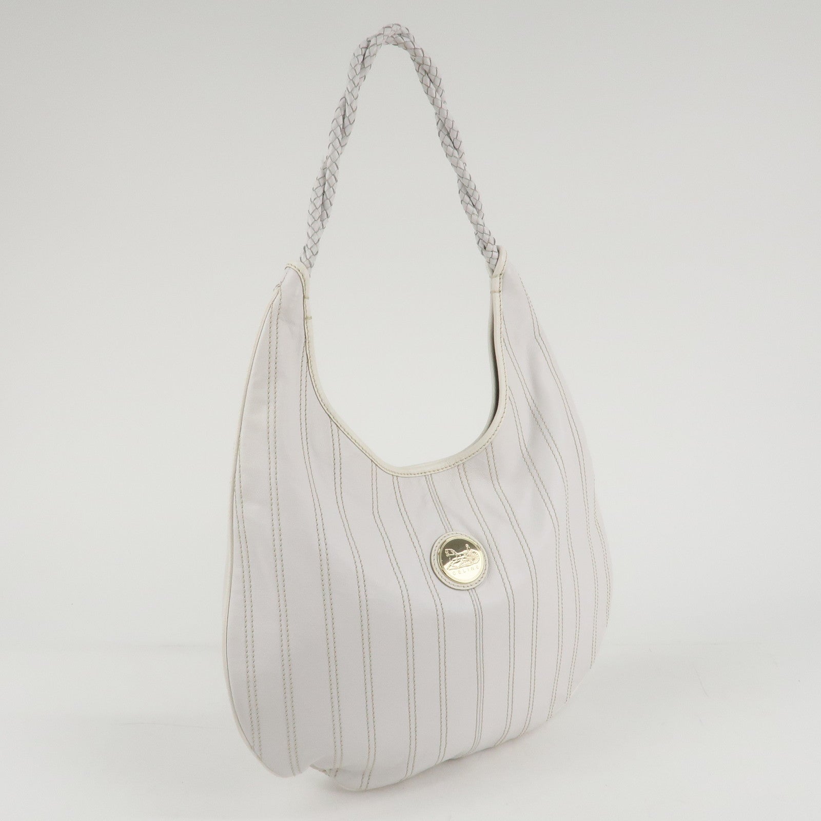 CELINE Leather Shoulder Bag White Gold Hardware