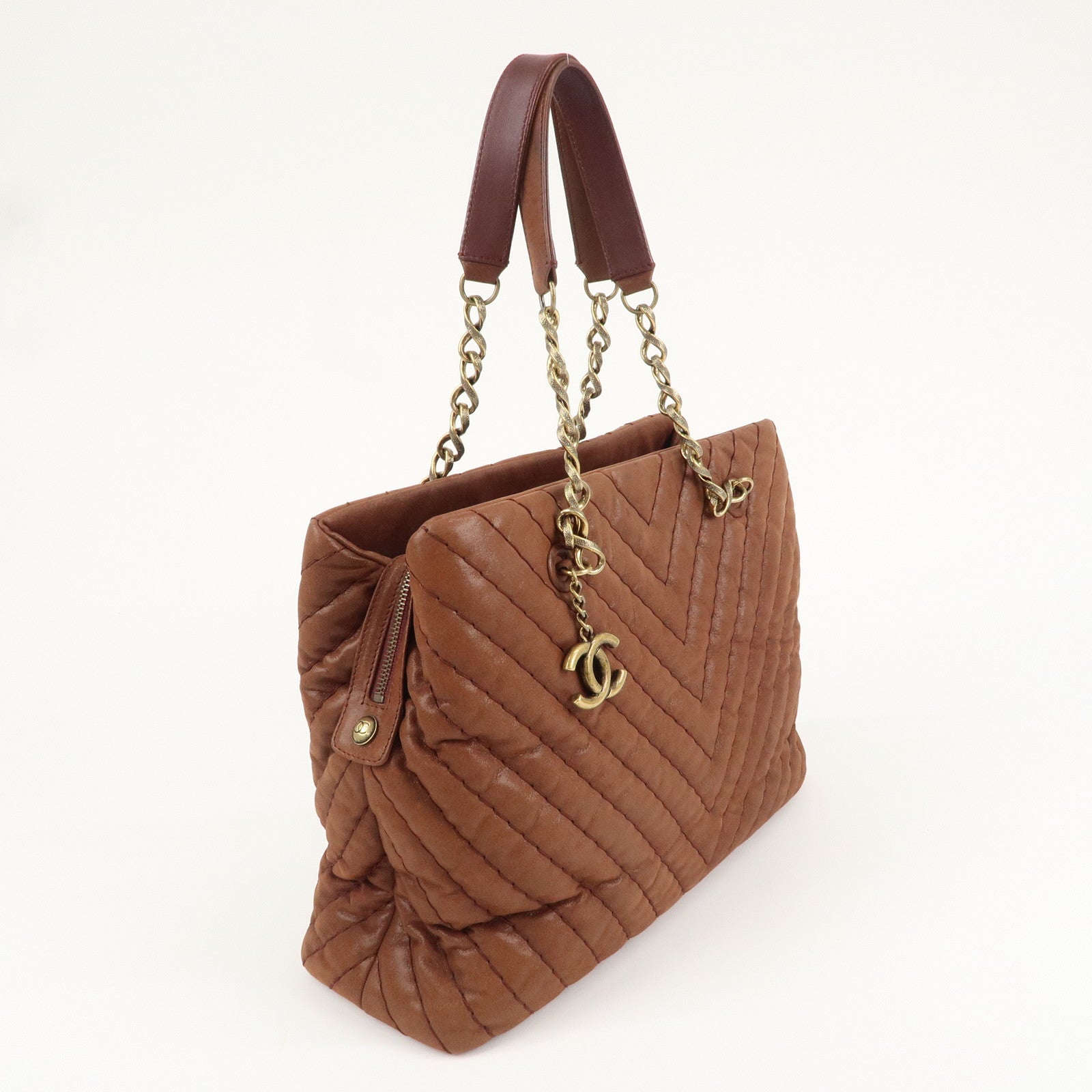 CHANEL V-stitch Leather Chain Shoulder Tote Bag Metalic Brown