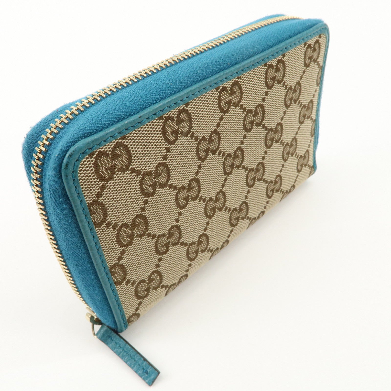 GUCCI Leather Round Zipper Bi-fold Wallet Beige Blue 420113 Used