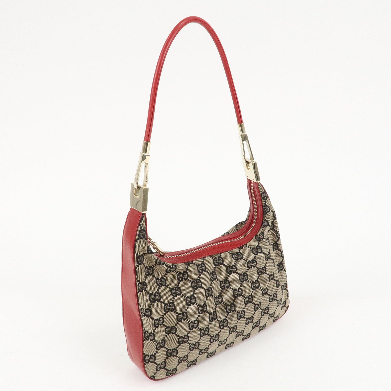 GUCCI GG Canvas Leather One-Shoulder Bag Beige Navy Red 001.3812