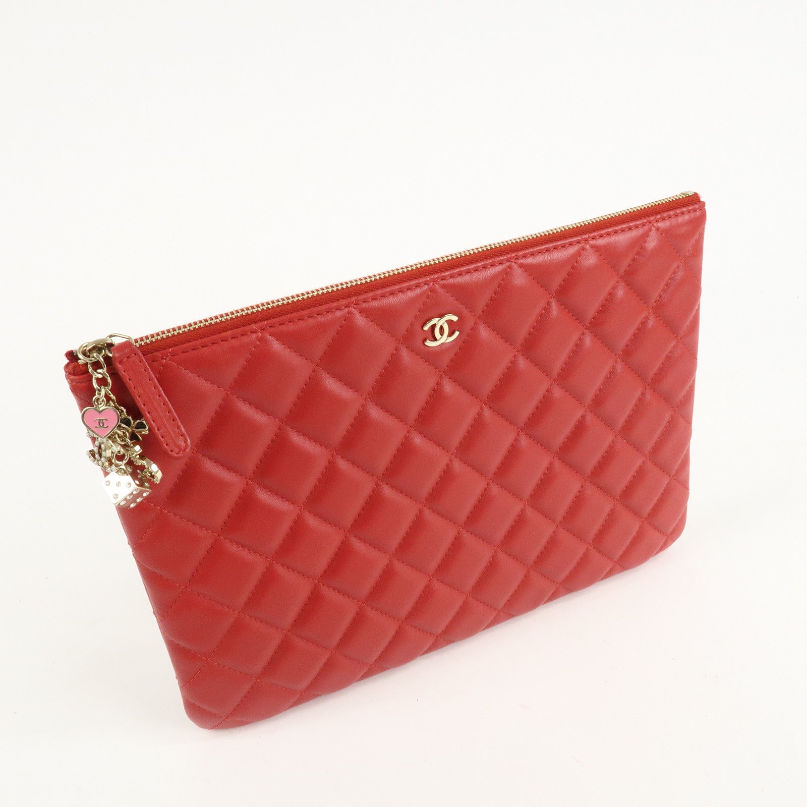 CHANEL Matelasse COCO Mark Lamb Skin Clutch Bag Red Used