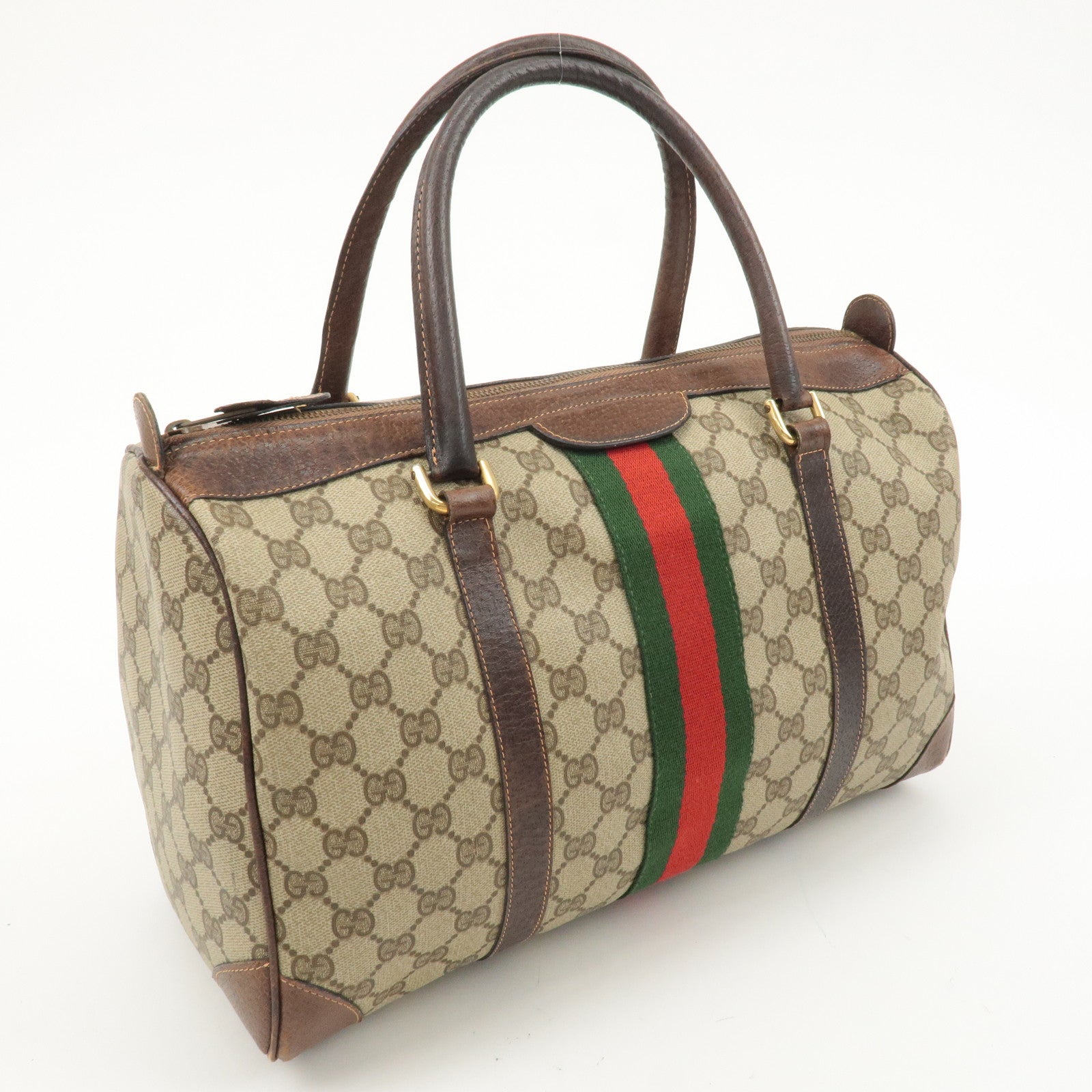 GUCCI Old Gucci Sherry GG Plus Leather Boston Bag Beige Brown