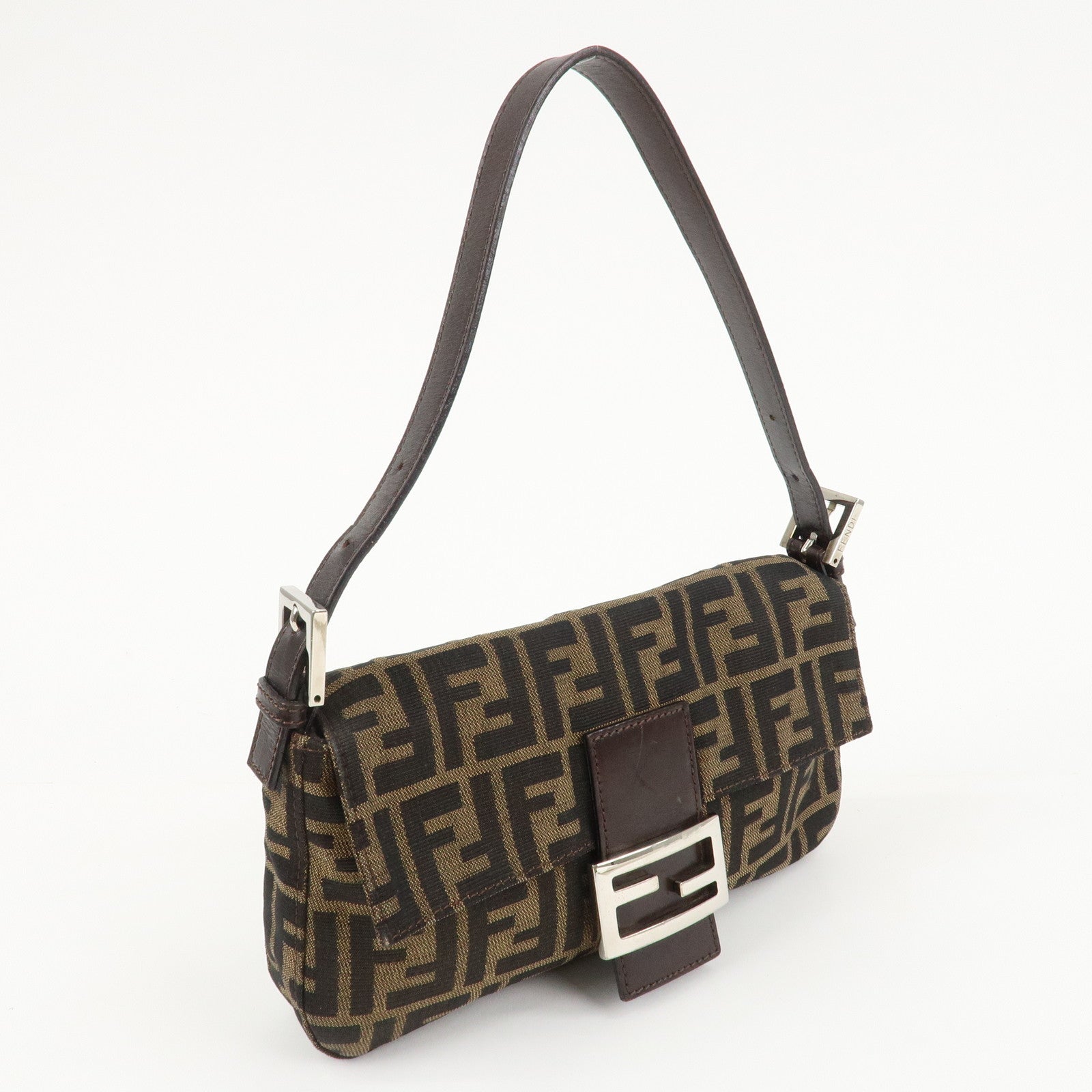 FENDI Mamma Baguette Zucca Canvas Shoulder Bag Brown Black 26424