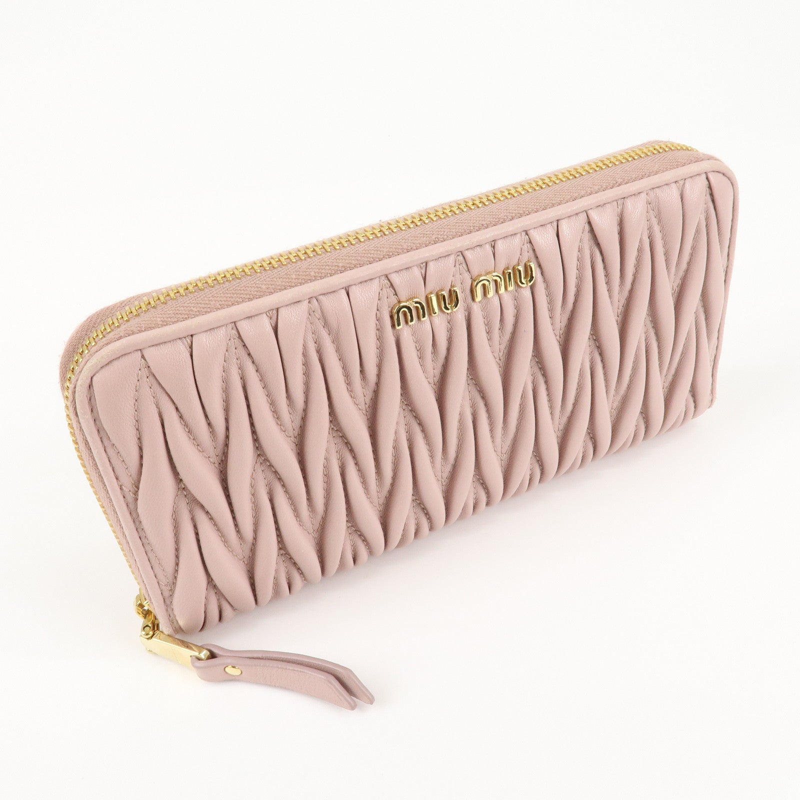 MIU MIU Matelasse Leather Round Zipper Long Wallet Pink Beige