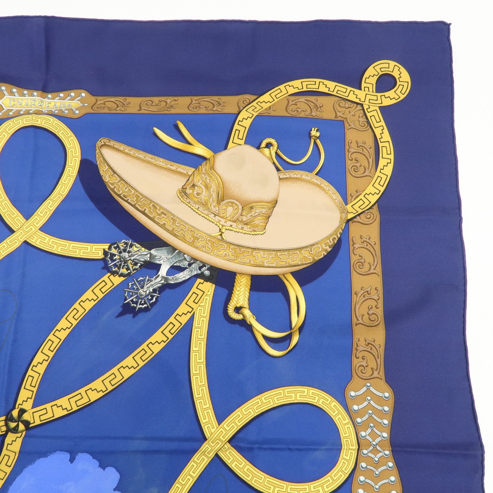 HERMES Carre 90 100% Silk Scarf Bandana CHARREADA Blue Brown Used