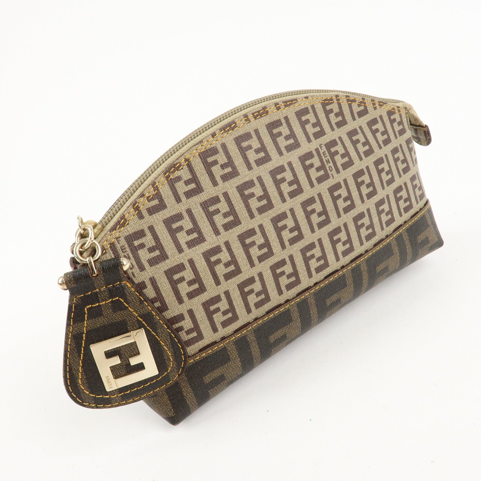 FENDI Zucchino Zucca PVC Pouch Brown Beige Black 8N0063 Used