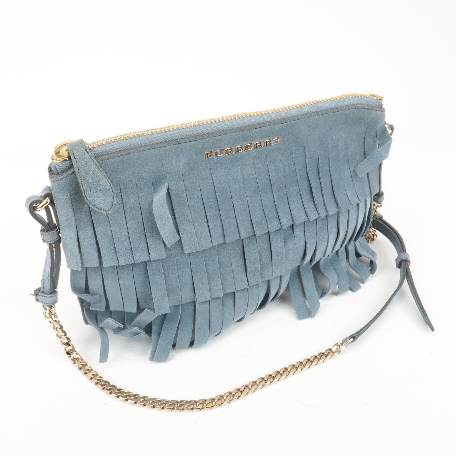 BURBERRY Leather Suede Chain Sholder Bag Hand Bag Light Blue