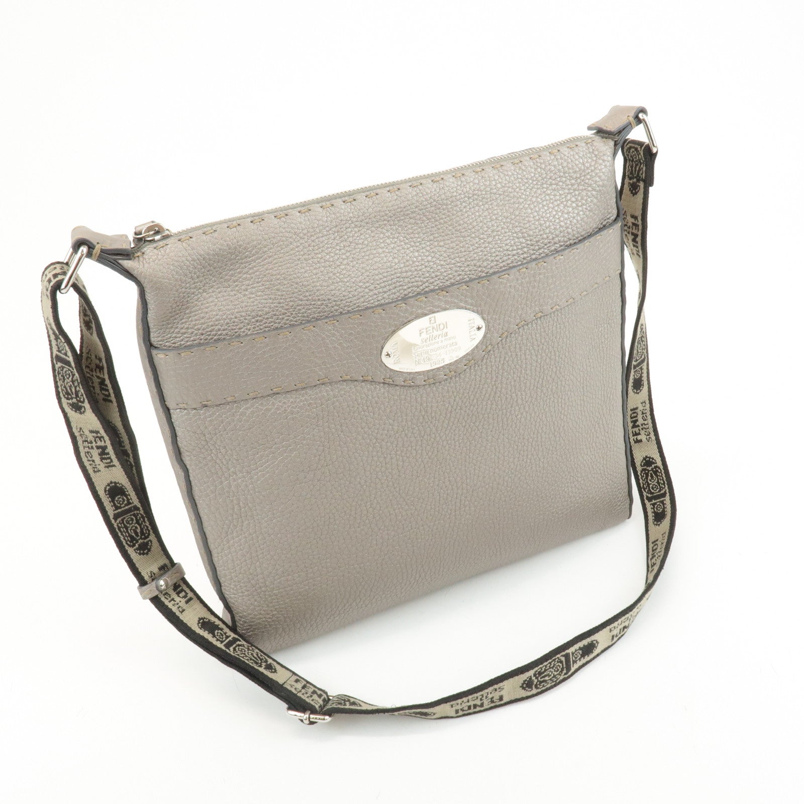 FENDI Selleria Leather Shoulder Bag Champagne Gray 8BT109