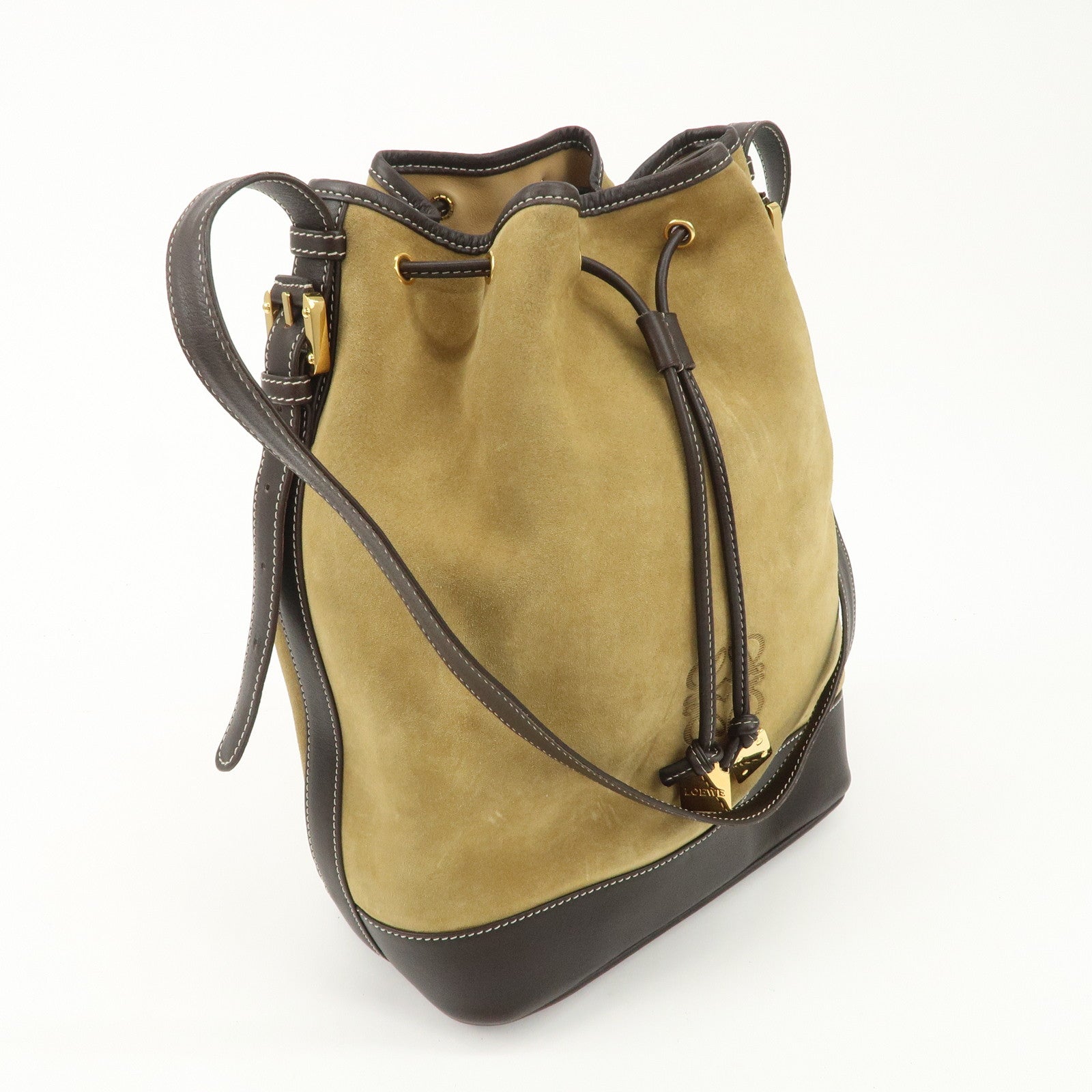 LOEWE Anagram Suede Leather Drawstring Shoulder Bag Beige Brown