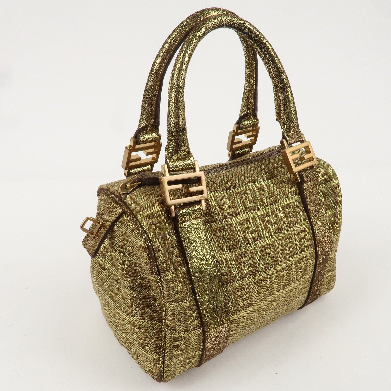 FENDI Zucchino Canvas Leather Mini Boston Bag Gold 8BL071